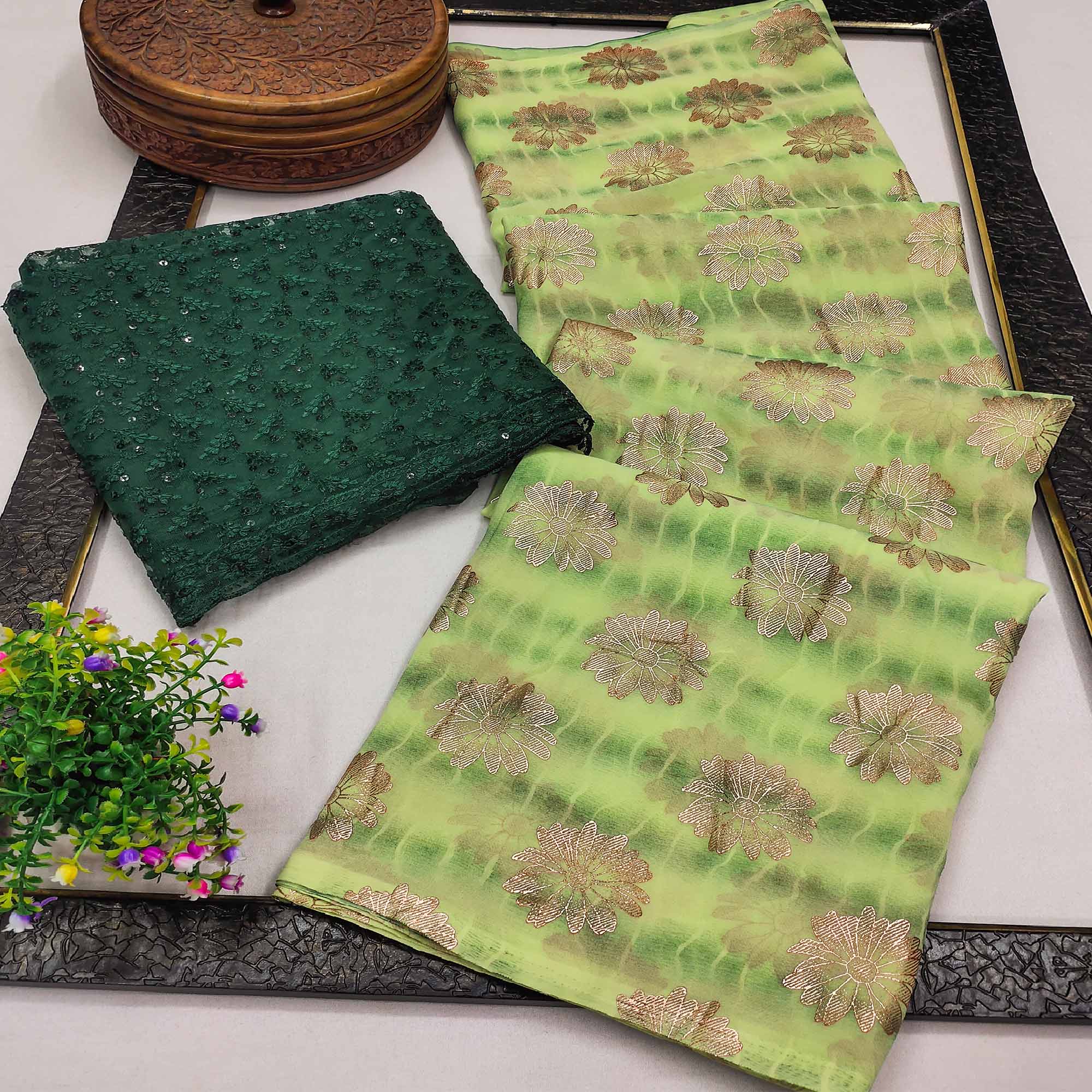 Green Floral Foil Printed Georgette Saree