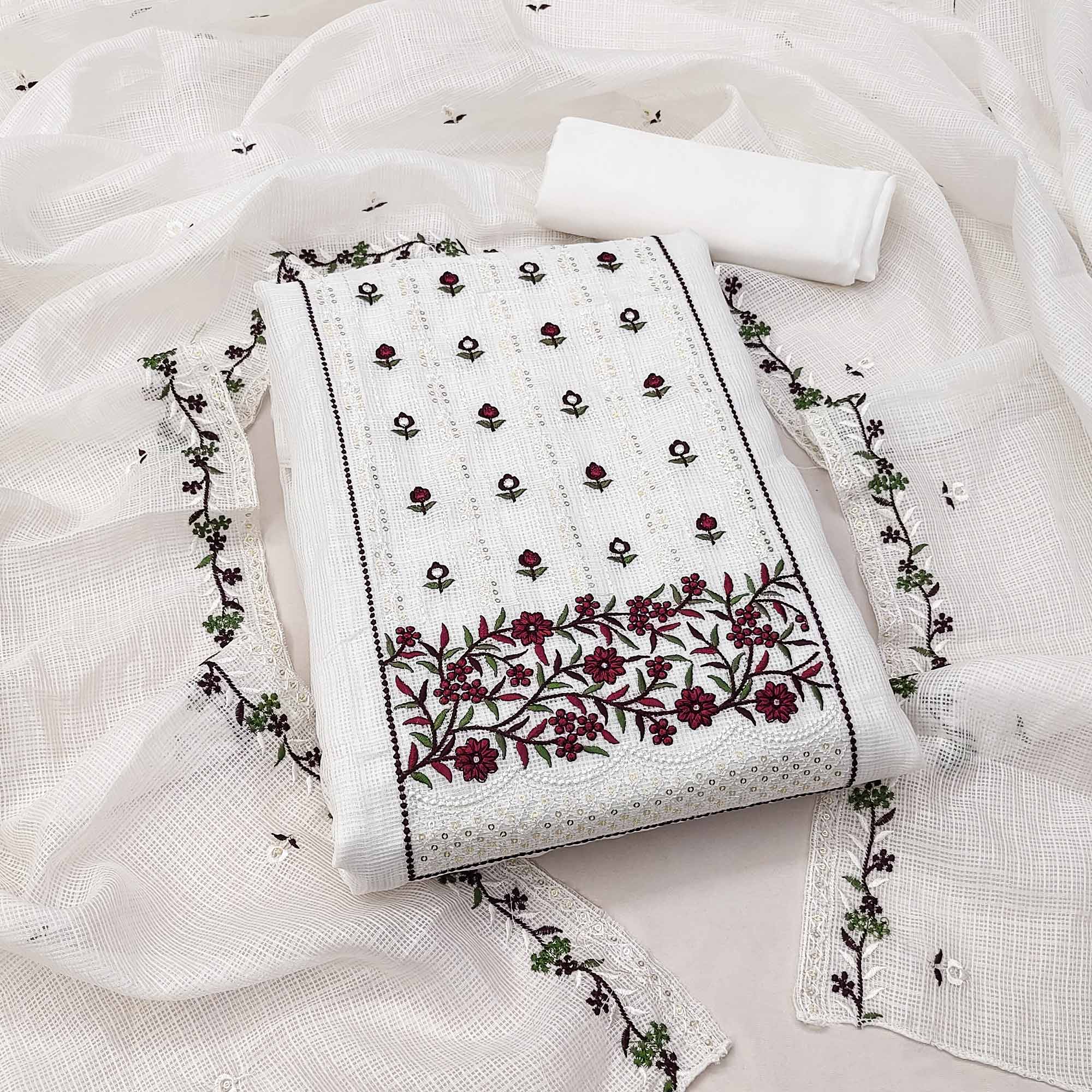 White & Maroon Floral Sequins Embroidered Kota Doria Dress Material