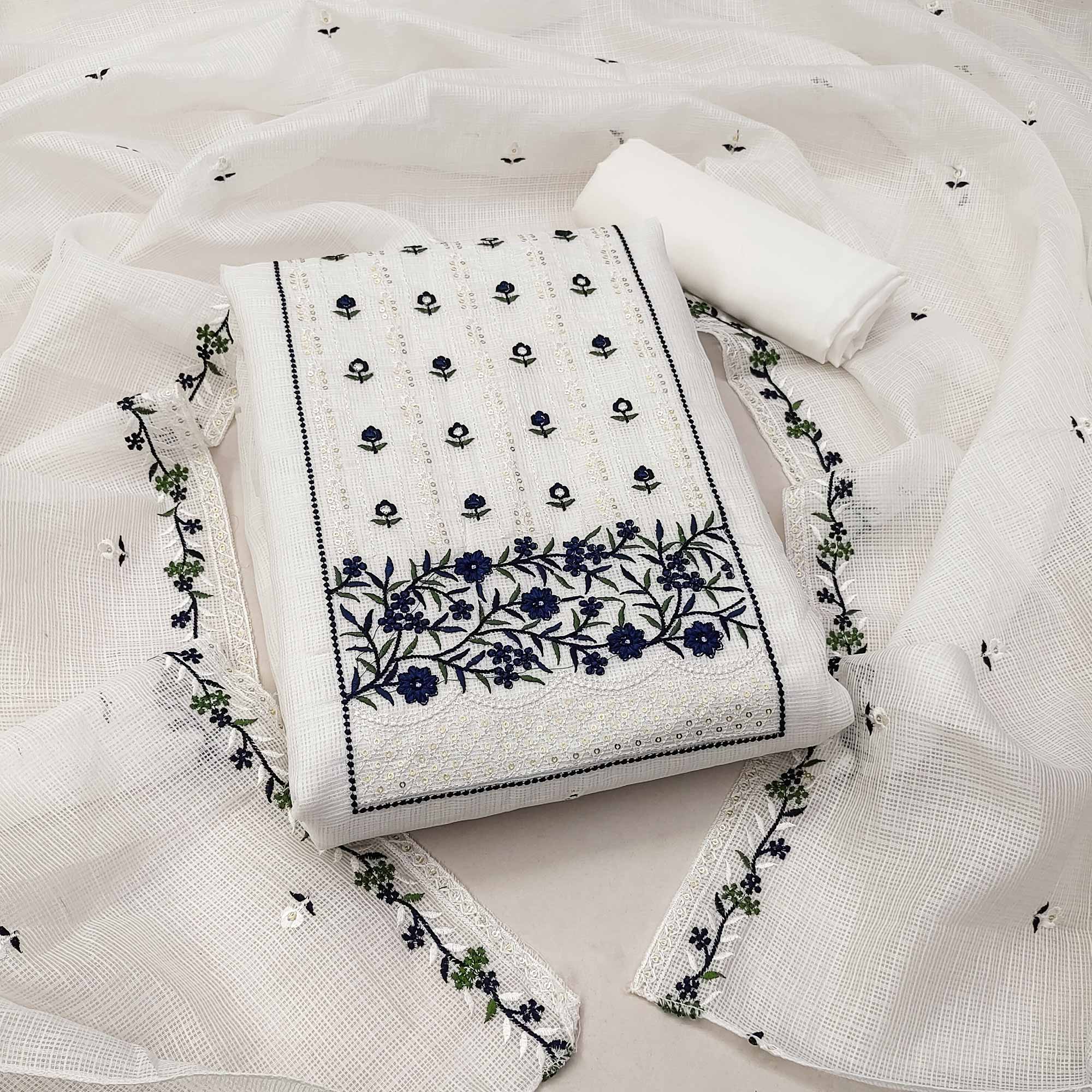 White & Navy Blue Floral Sequins Embroidered Kota Doria Dress Material