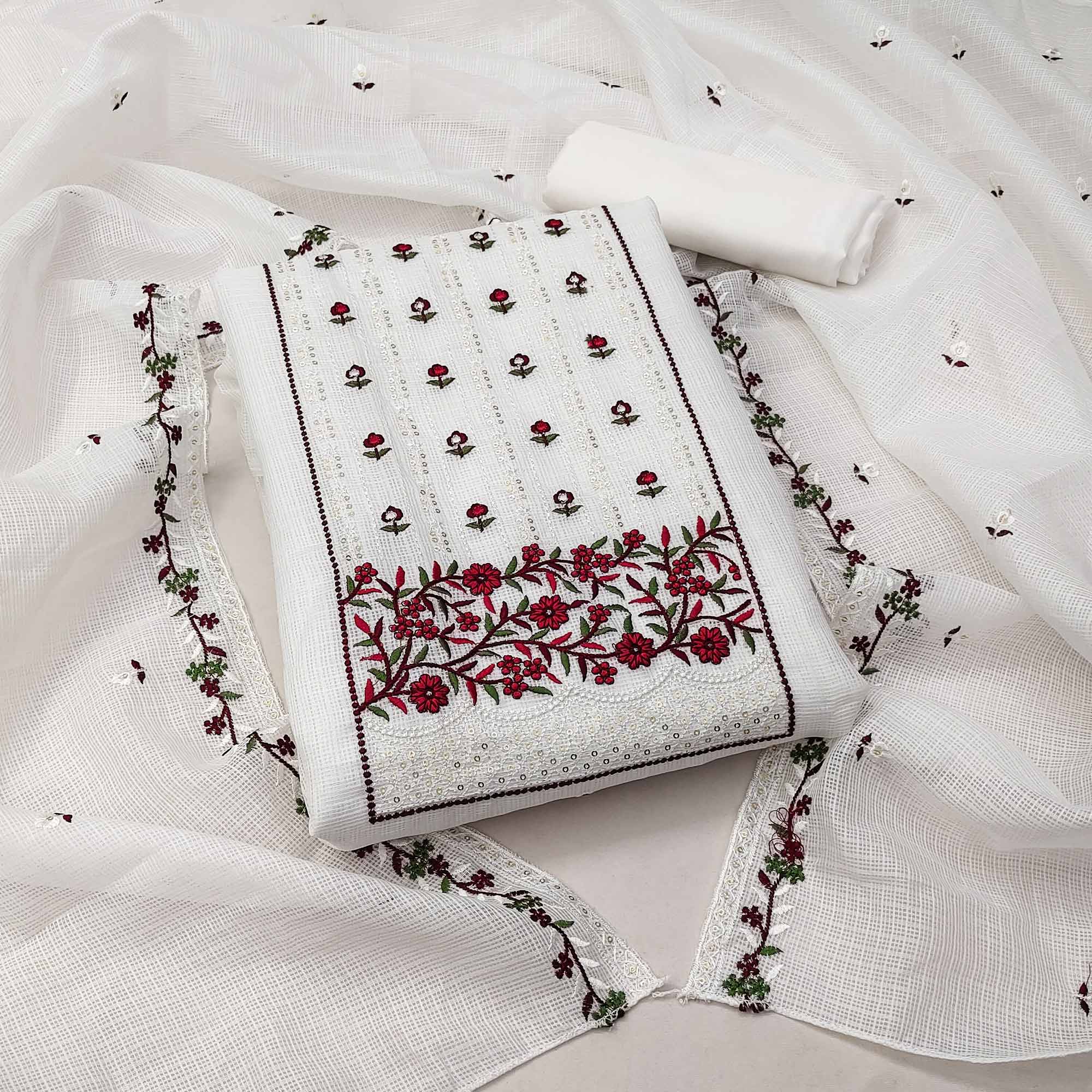 White & Red Floral Sequins Embroidered Kota Doria Dress Material