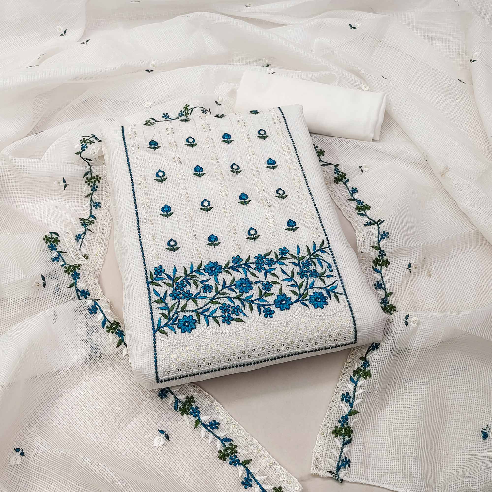 White & Teal Blue Floral Sequins Embroidered Kota Doria Dress Material