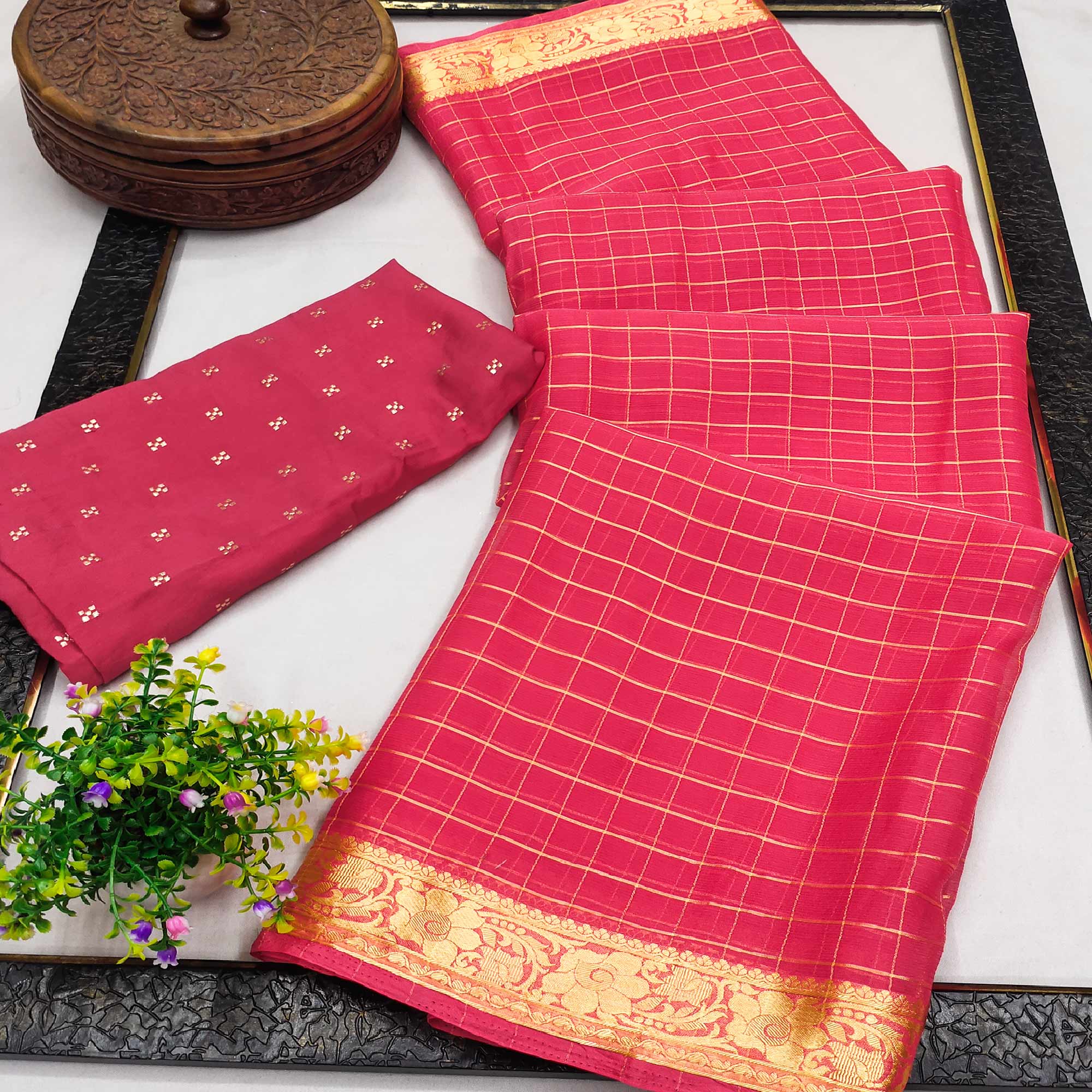 Pink Woven Chiffon Saree