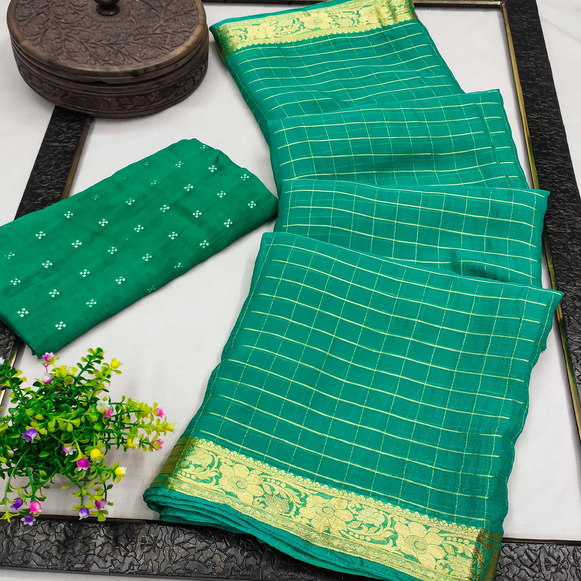 Rama Green Woven Chiffon Saree