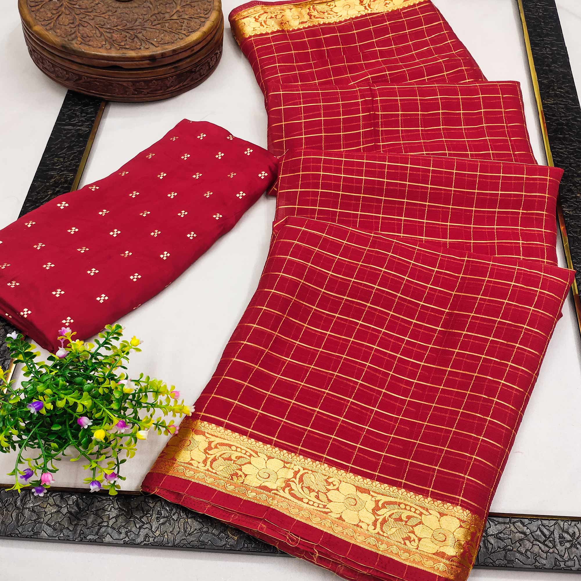 Red Woven Chiffon Saree