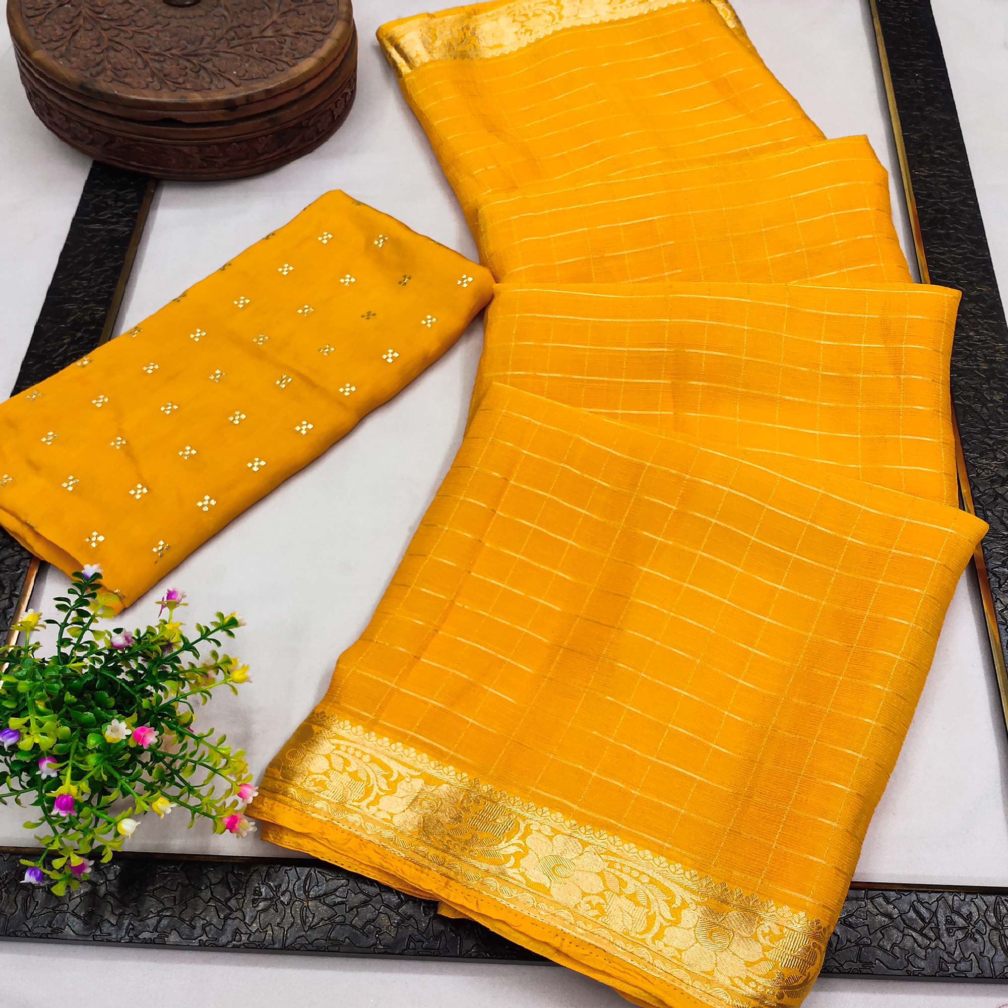 Yellow Woven Chiffon Saree