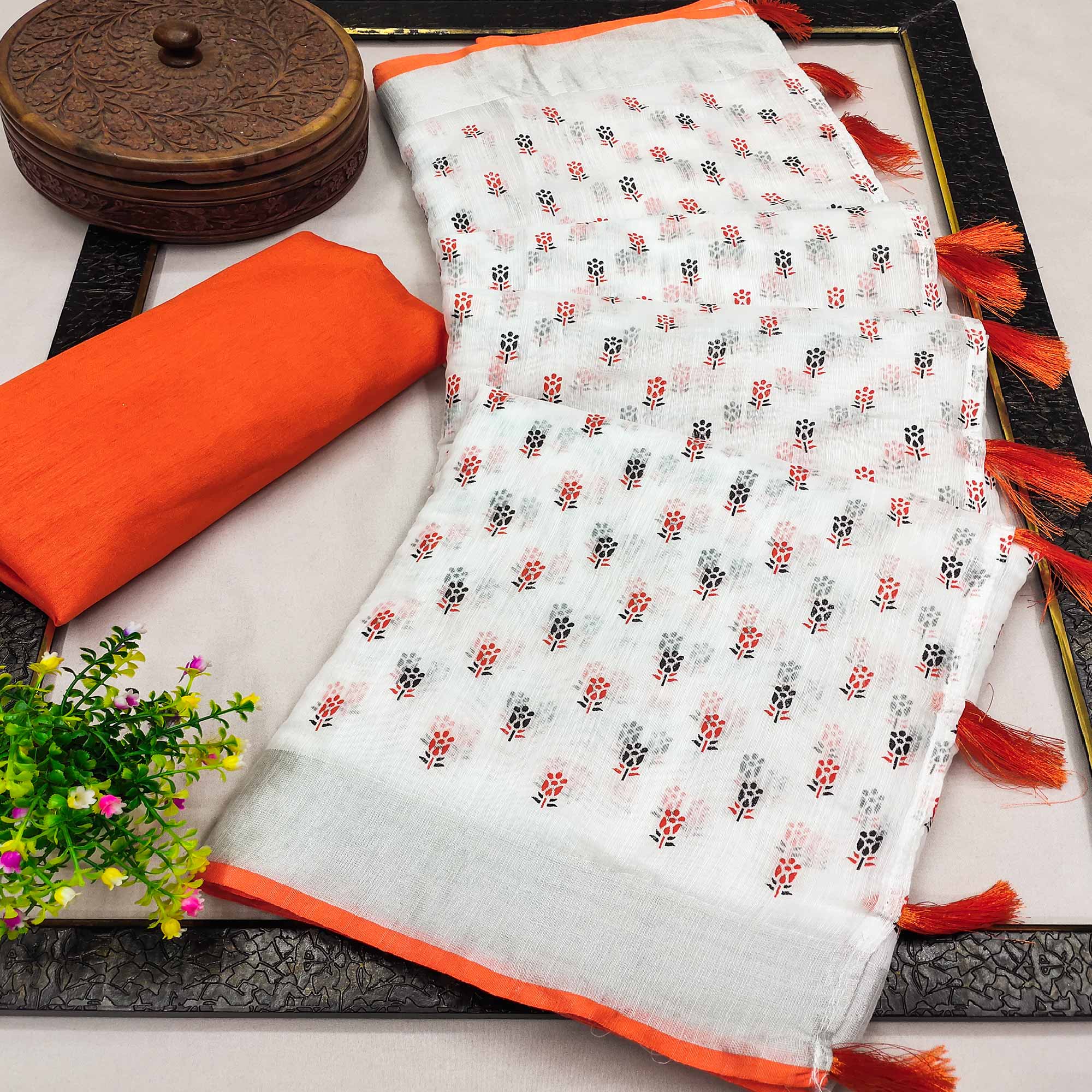 White & Orange Floral Printed Linen Saree With Tassels