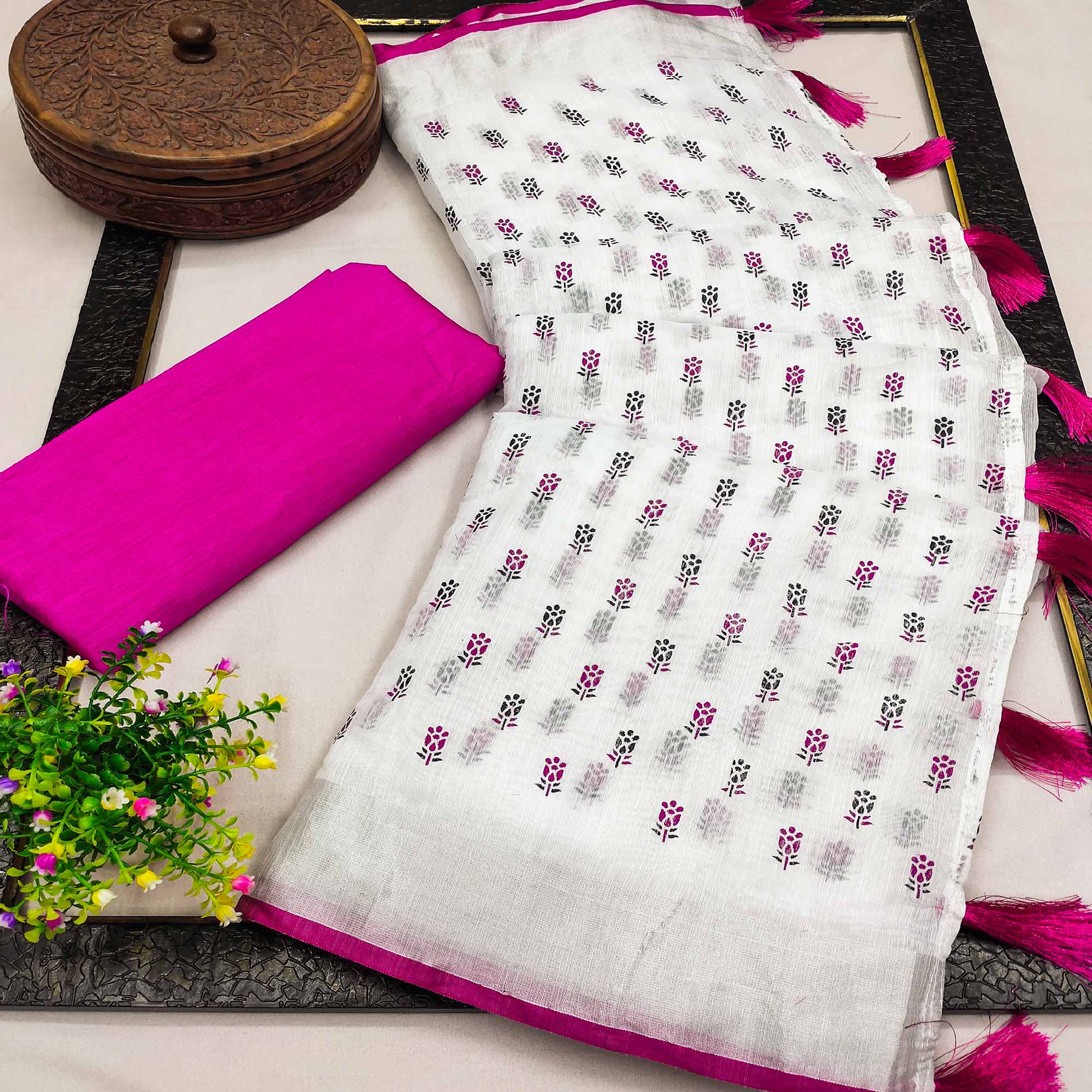 White & Pink Floral Printed Linen Saree With Tassels