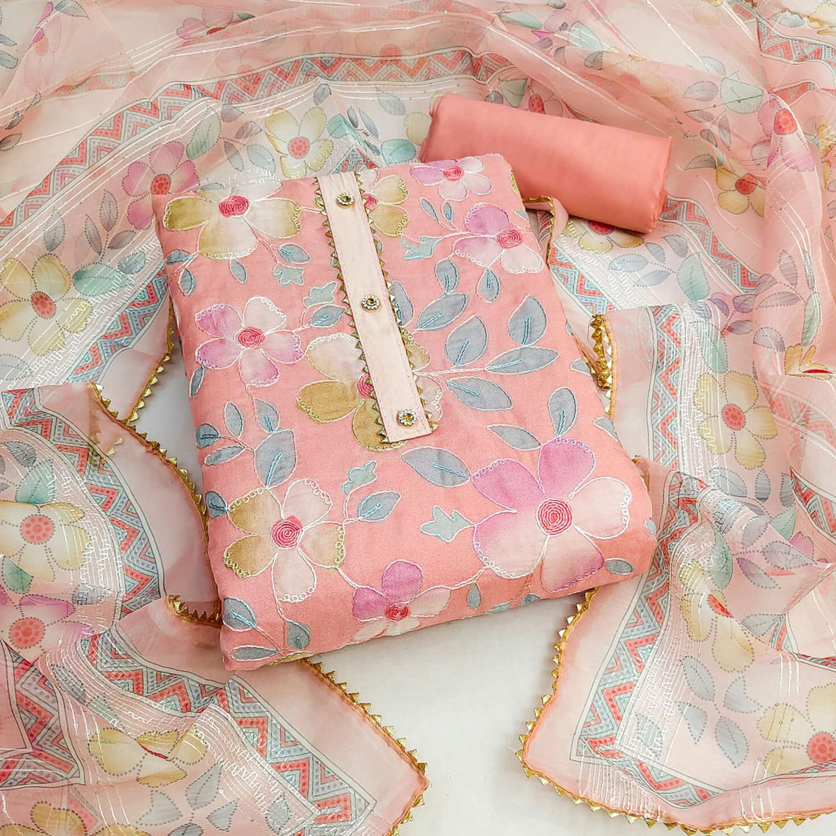 peachmode cotton dress materials Cotton Blend Peachmode Cotton Dress Materials Dark Peach Festive Wear  Floral Embroidered Cotton Dress Material