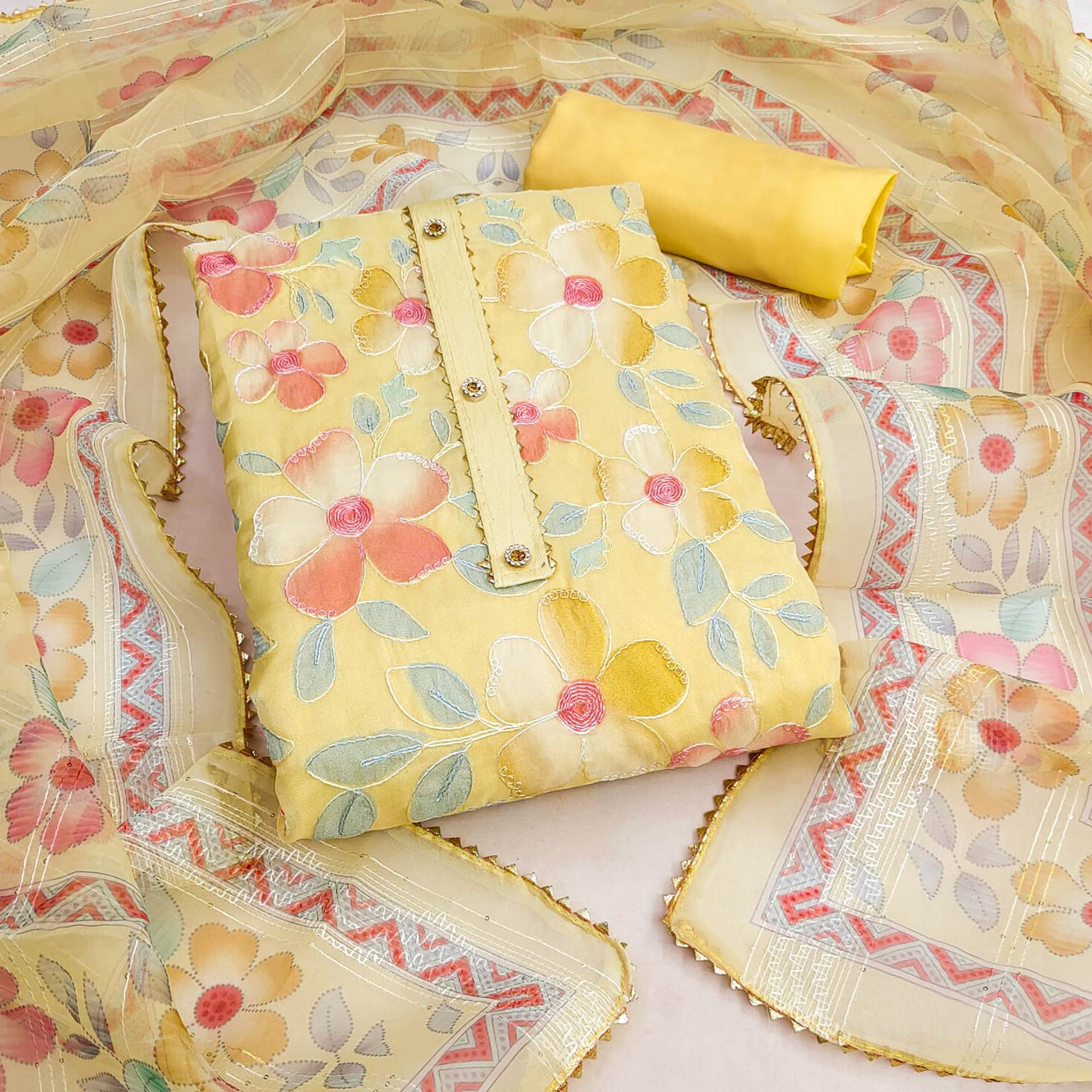 Yellow Floral Printed Organza Dress Material