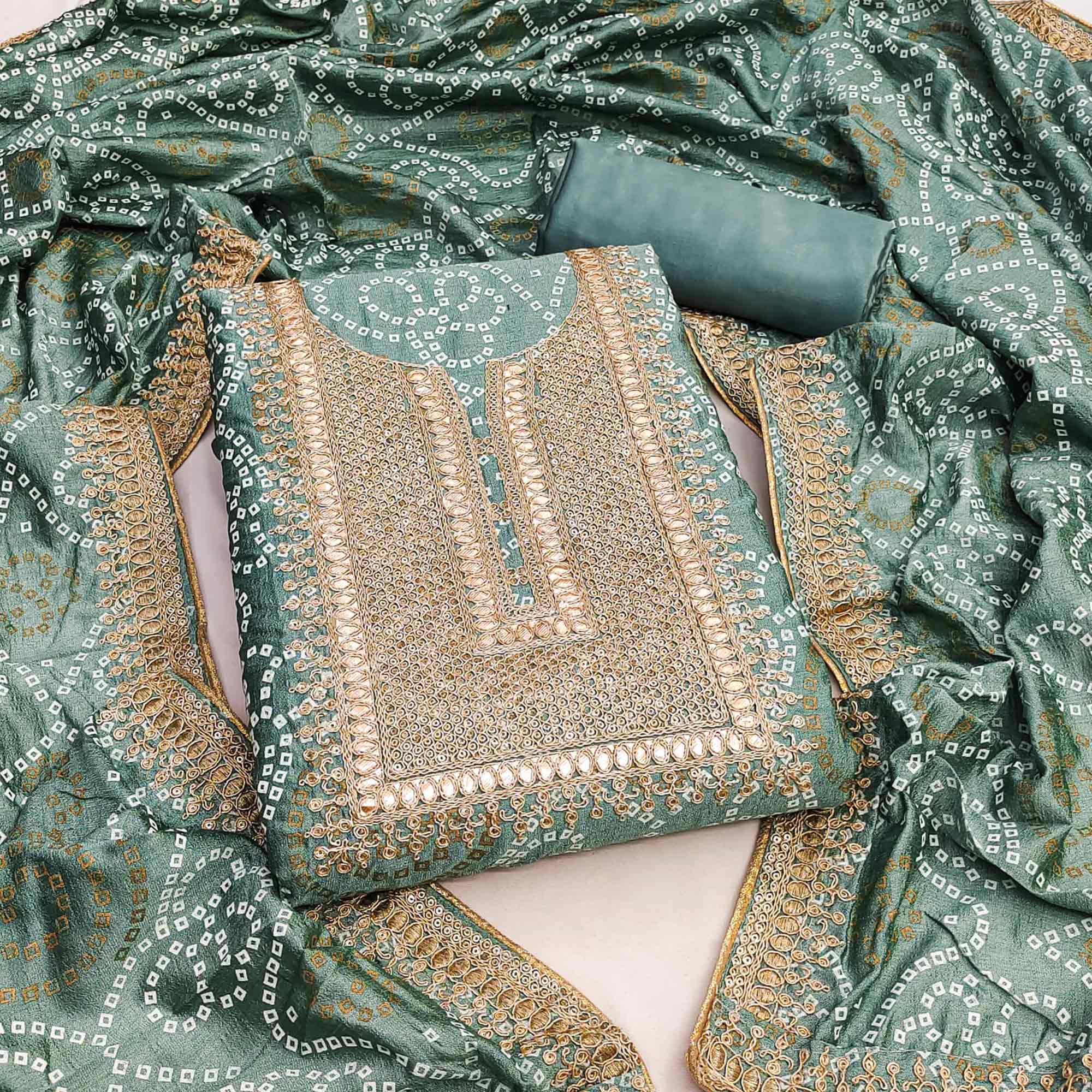 Green Bandhani Printed With Embroidered Vichitra Silk Dress Material