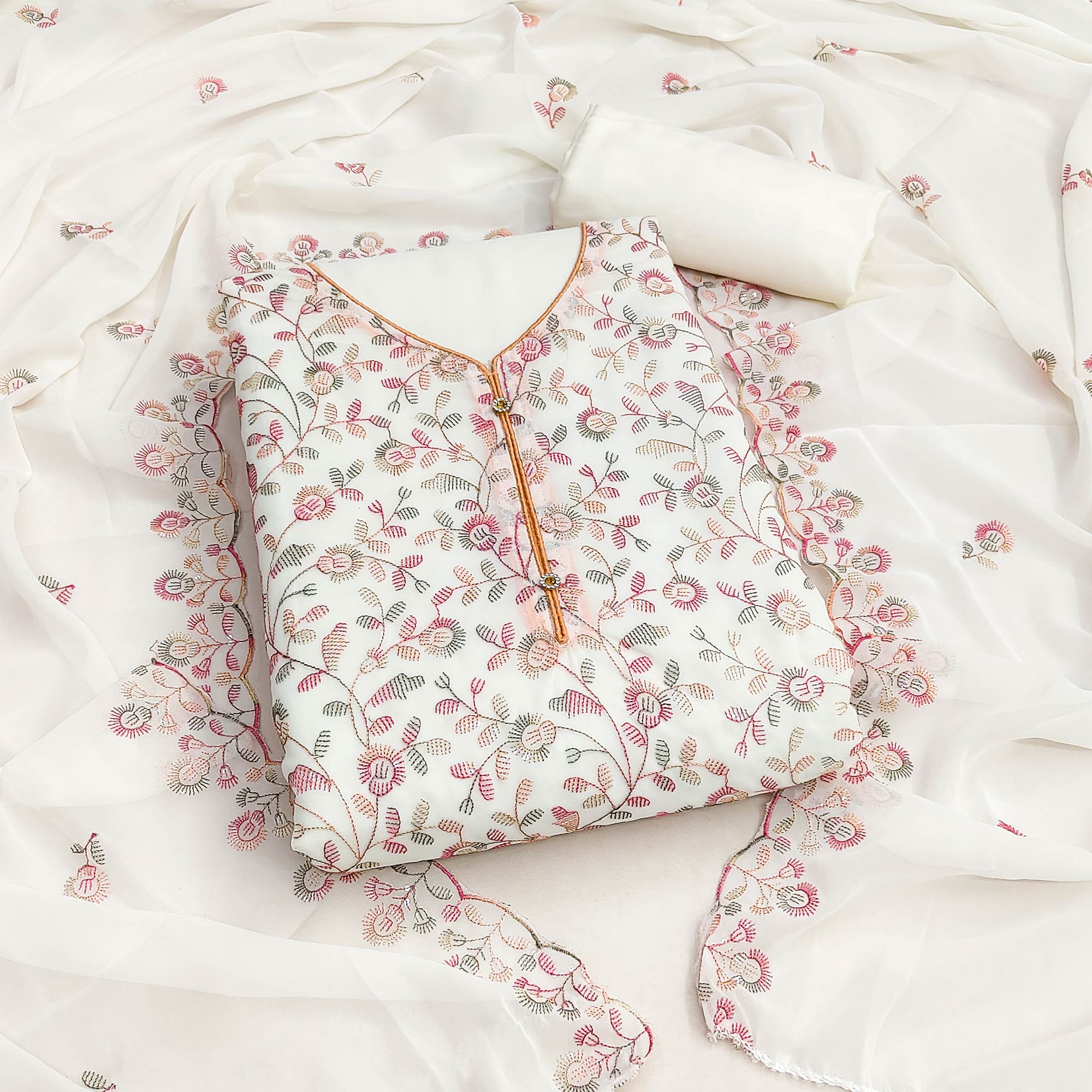 Off White Floral Embroidered Georgette Dress Material