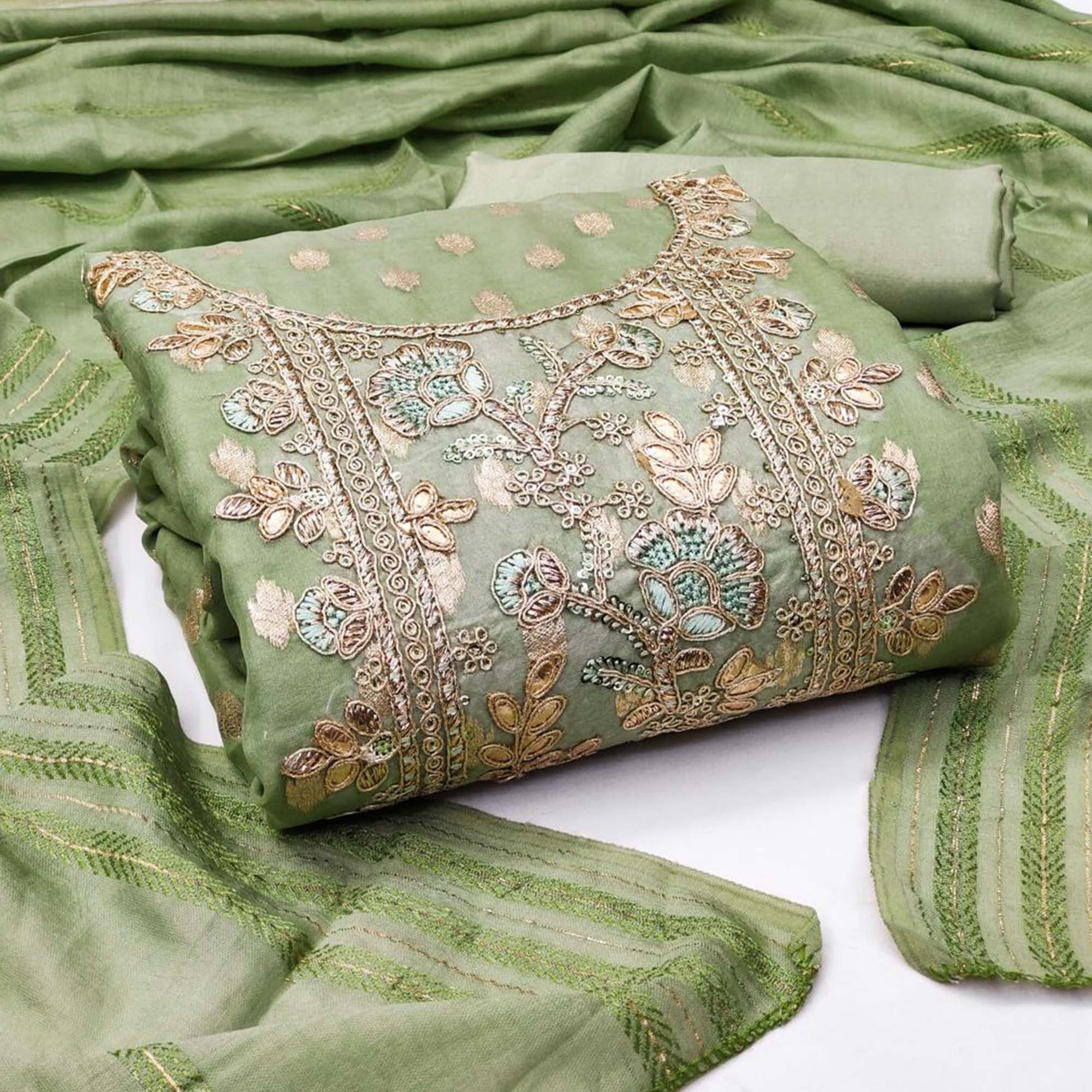 Green Woven Jacquard Dress Material