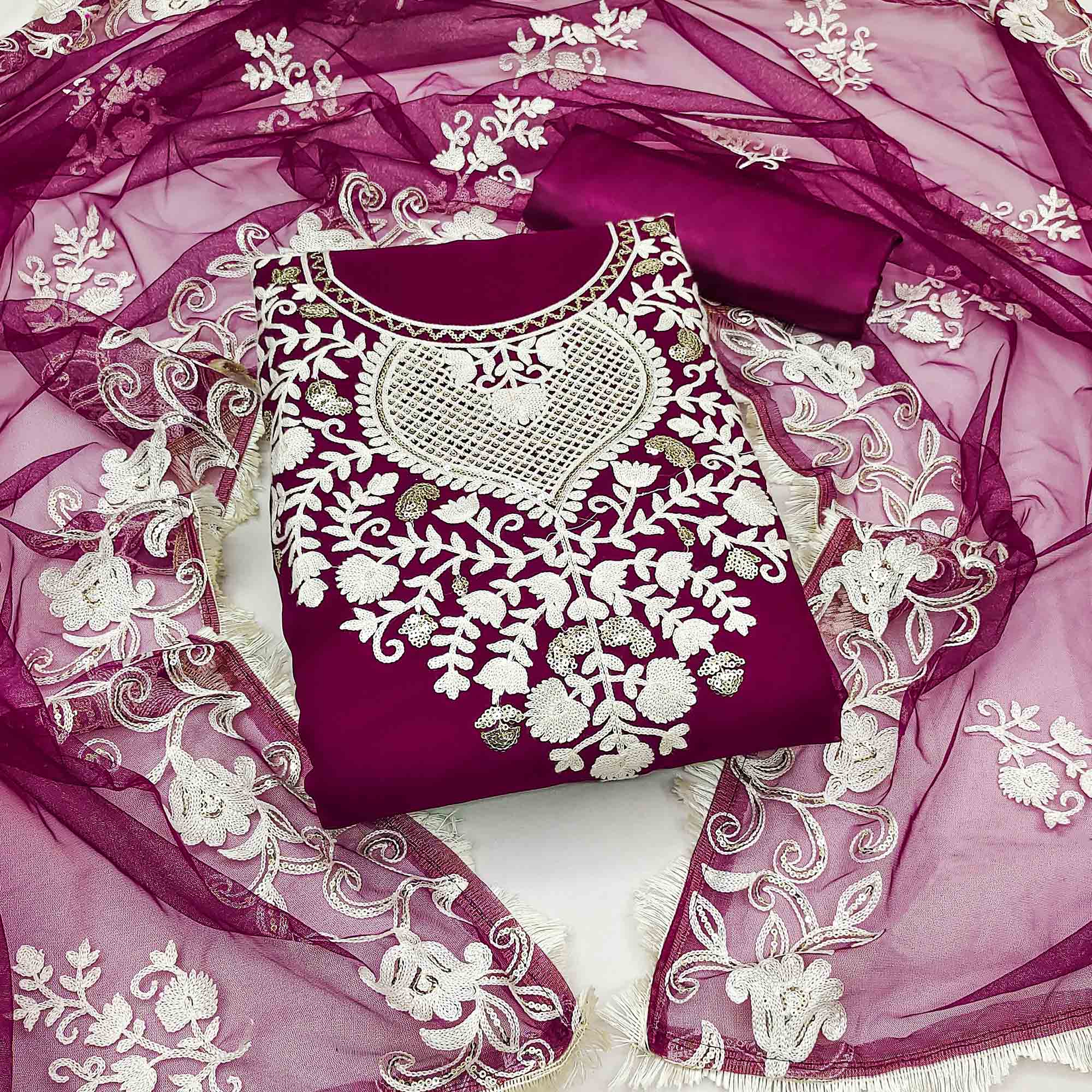 Purple Floral Embroidered Georgette Dress Material