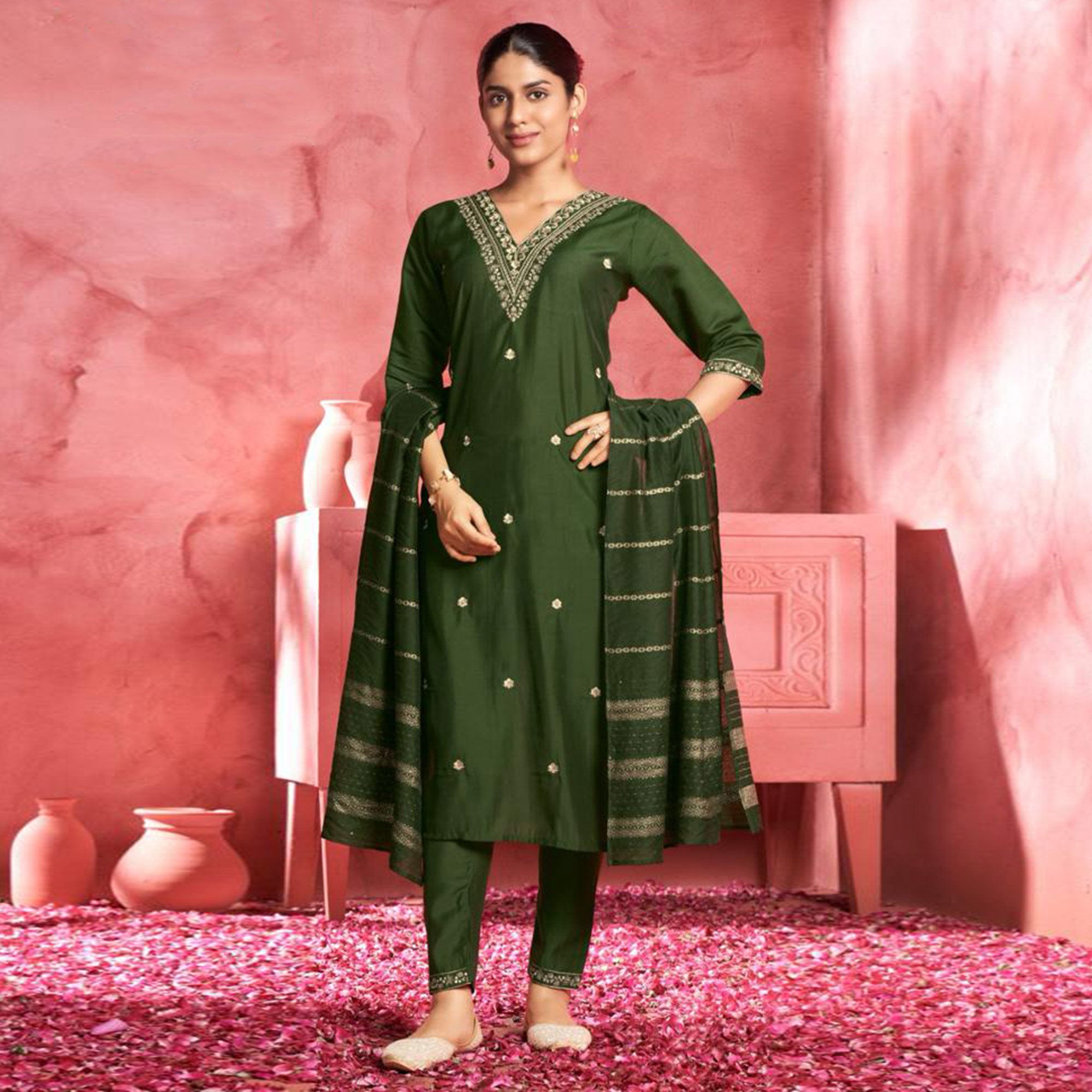Green Floral Embroidered Viscose Salwar Suit