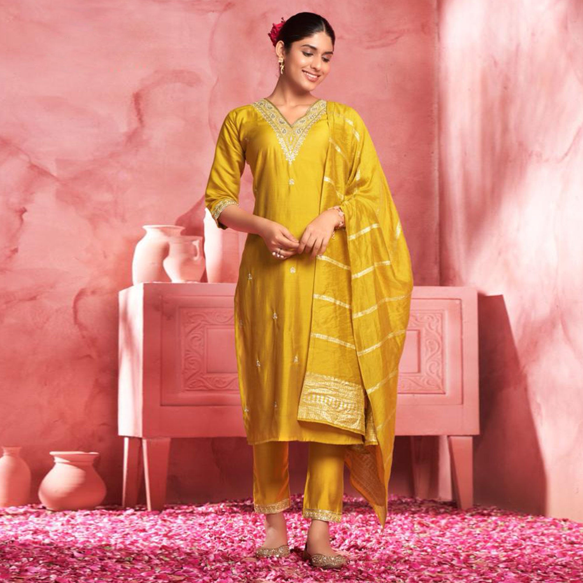Mustard Floral Embroidered Viscose Salwar Suit
