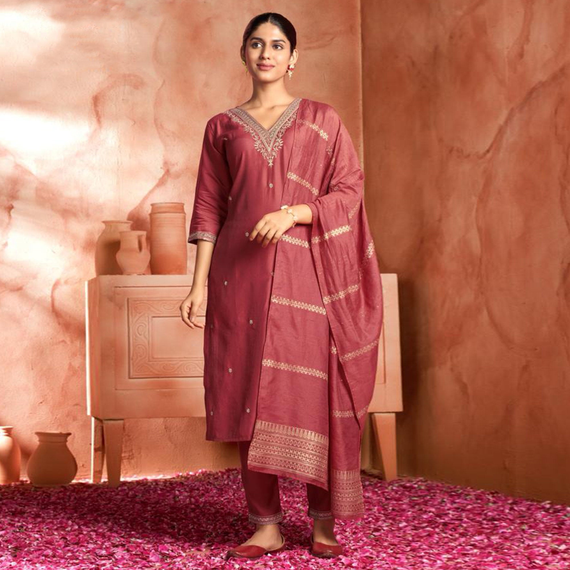 Peach Floral Embroidered Viscose Salwar Suit