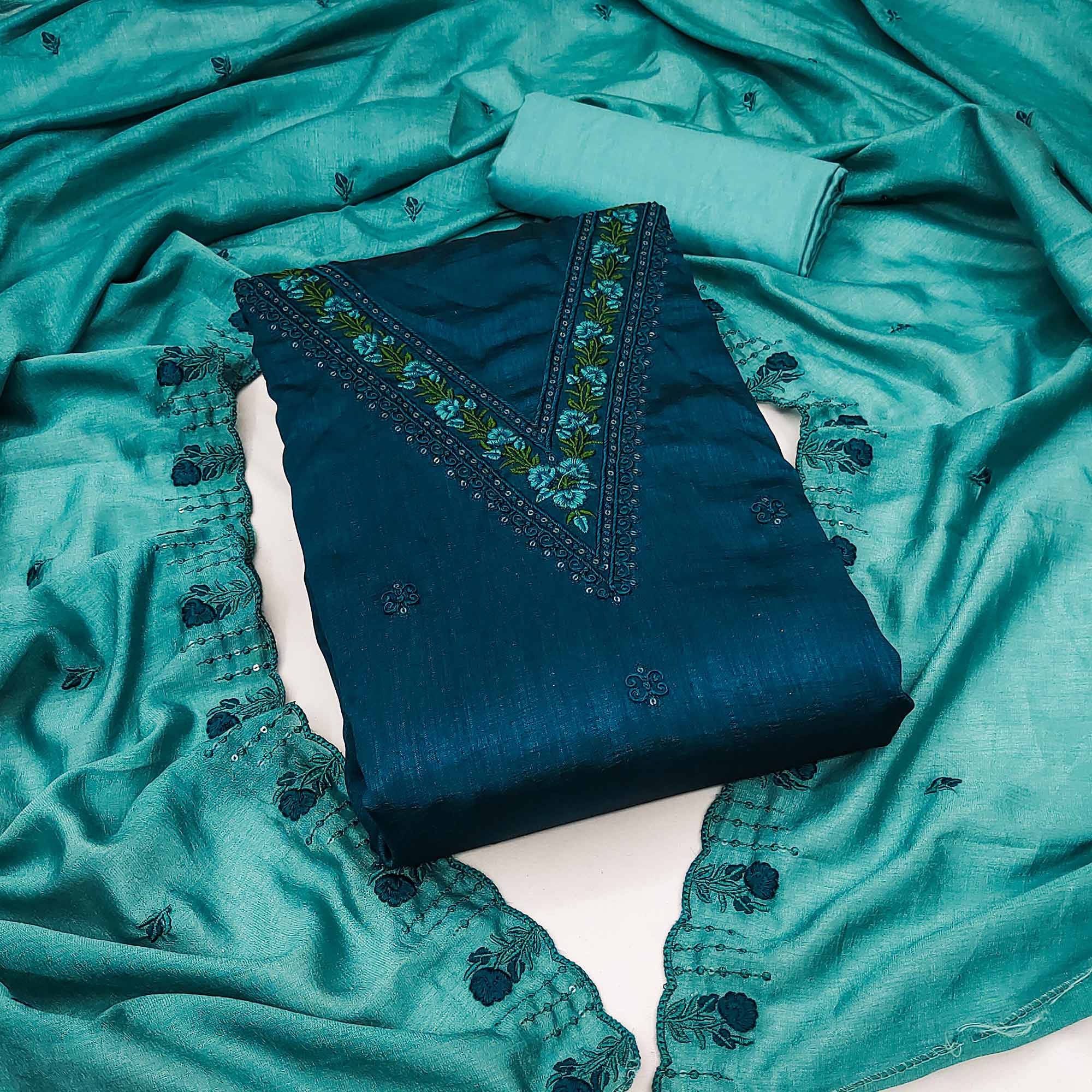Teal Blue Floral Embroidered Vichitra Silk Dress Material