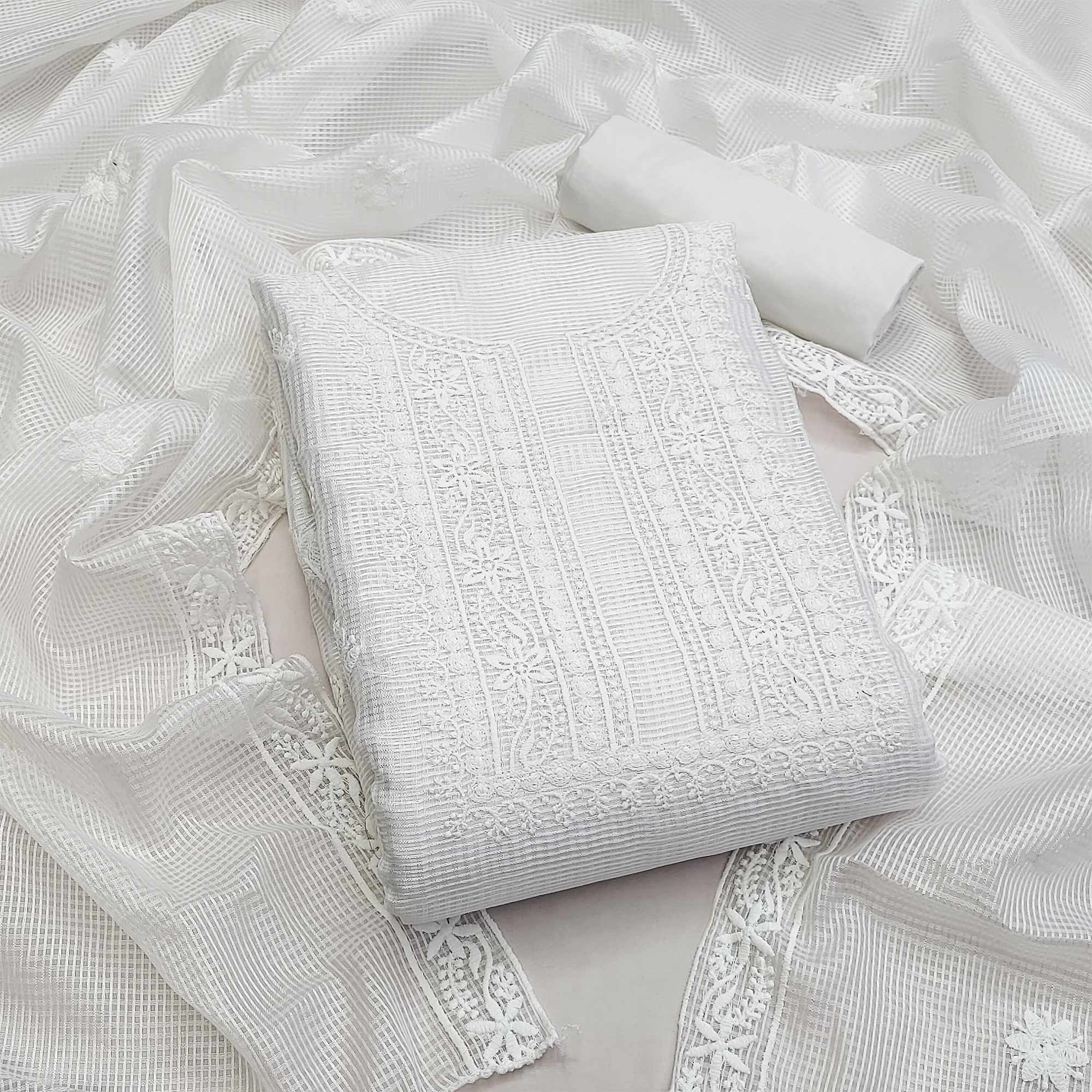 White Floral Embroidered Kota Doria Dress Material