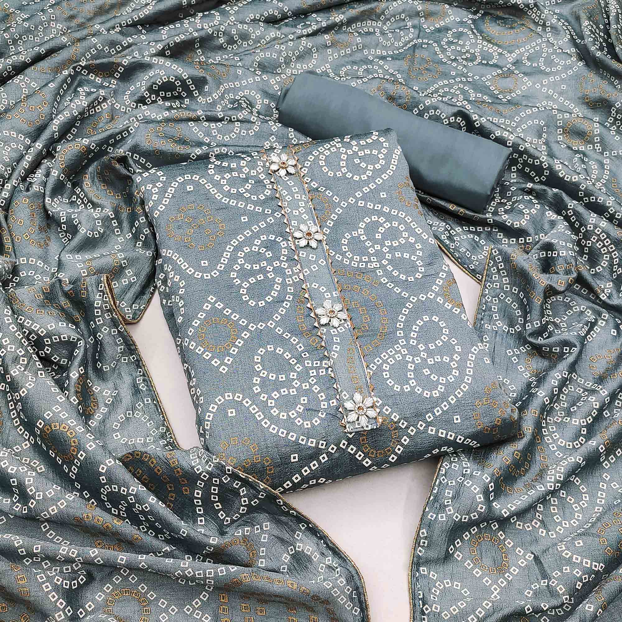 Grey Bandhani Printed Vichitra Silk Dress Material