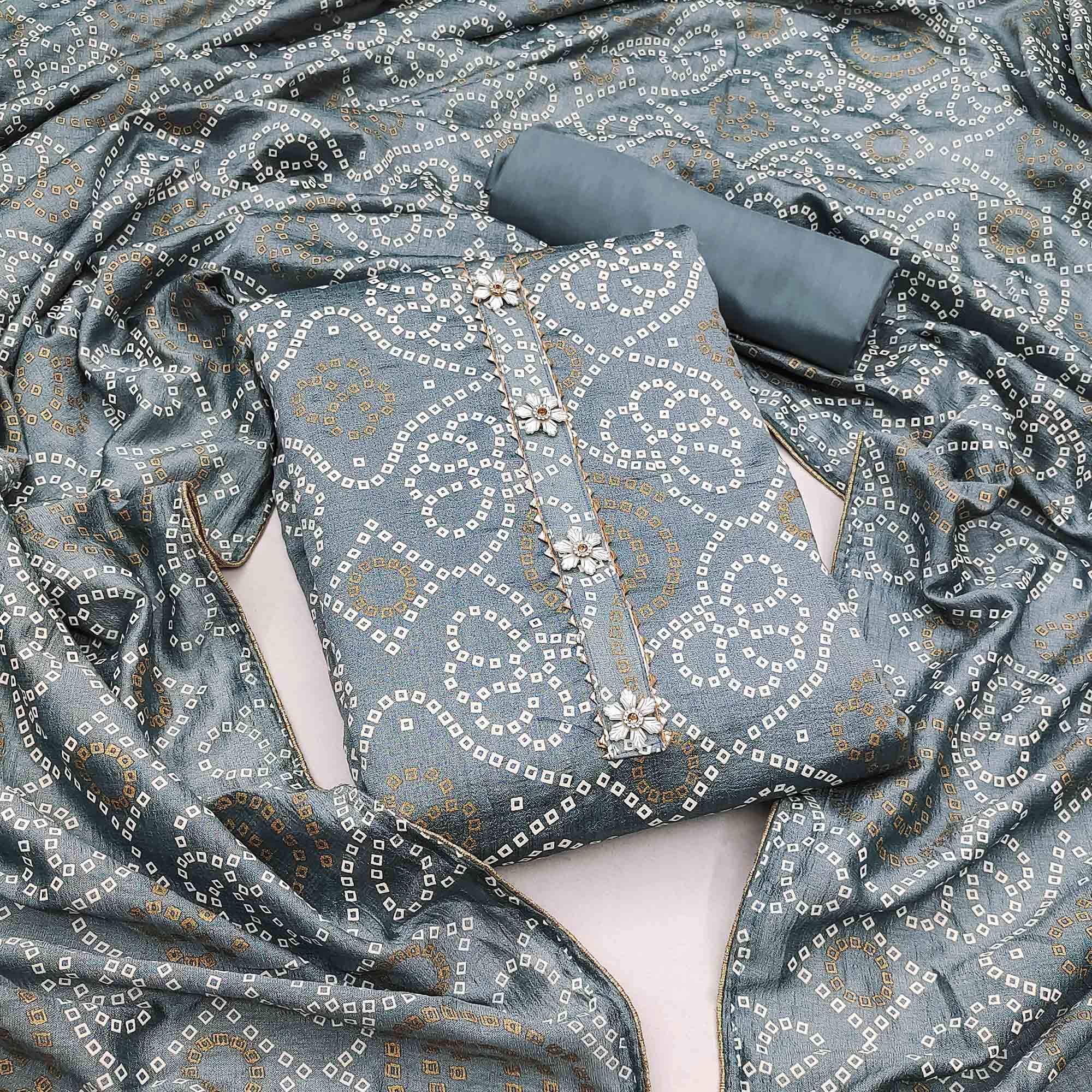 grey dress material Grey Bandhani Printed Vichitra Silk Dress Material