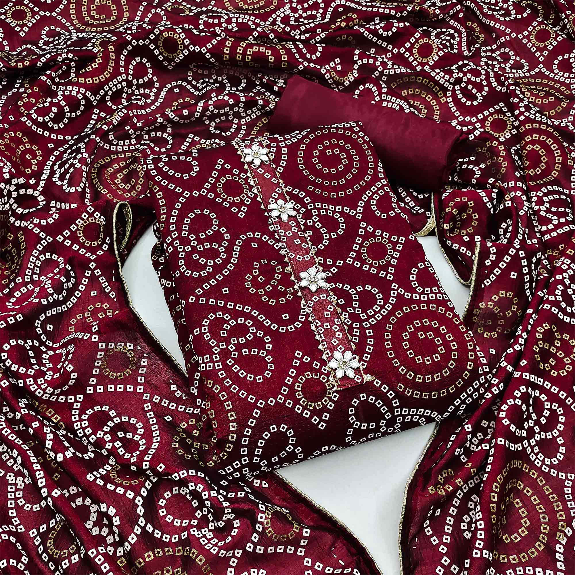 Maroon Bandhani Printed Vichitra Silk Dress Material