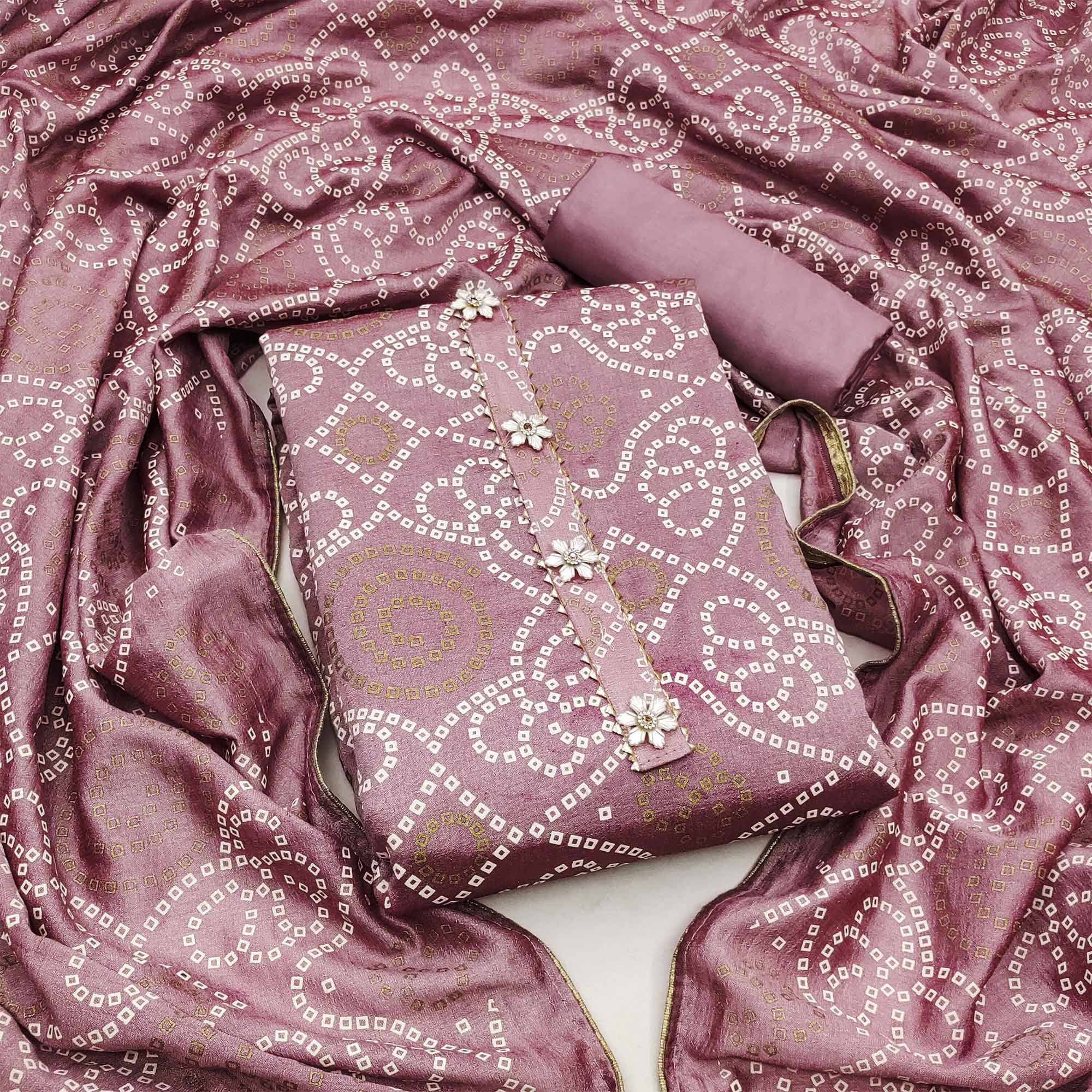 Mauve Bandhani Printed Vichitra Silk Dress Material