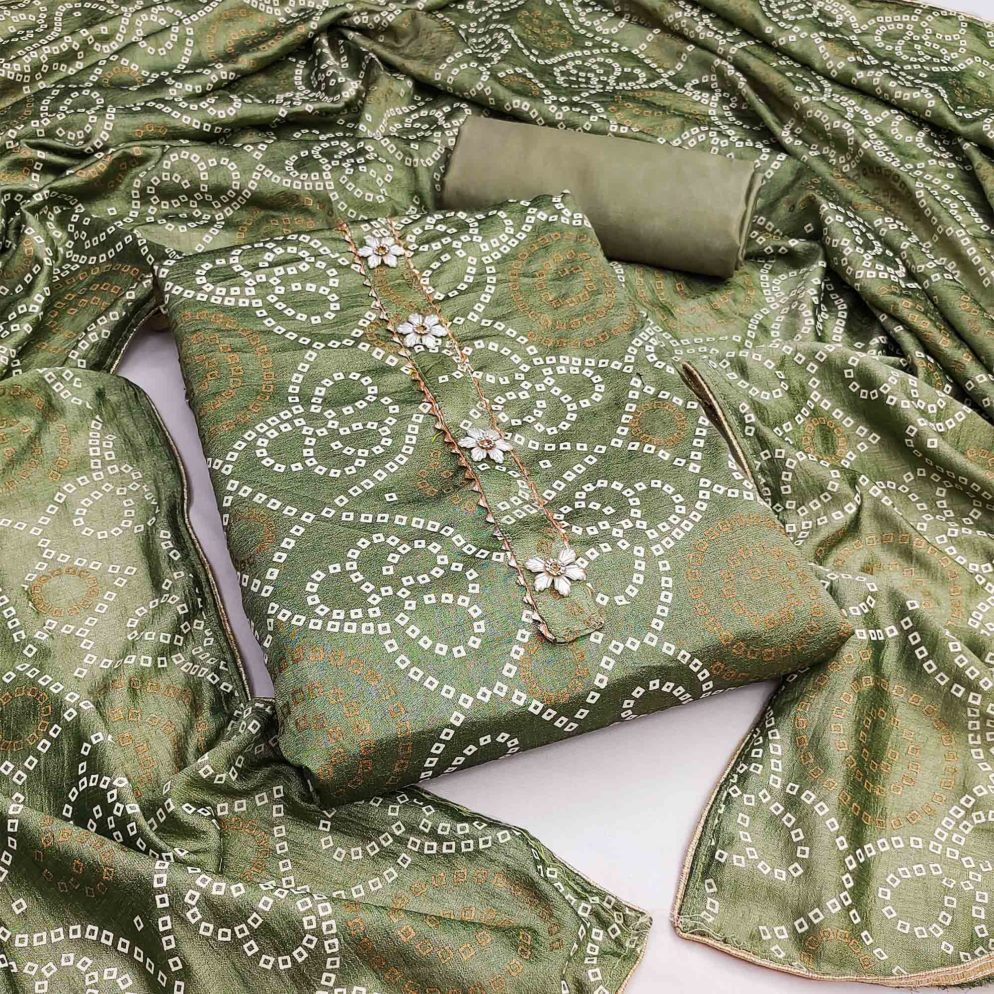 Mehandi Green Bandhani Printed Vichitra Silk Dress Material