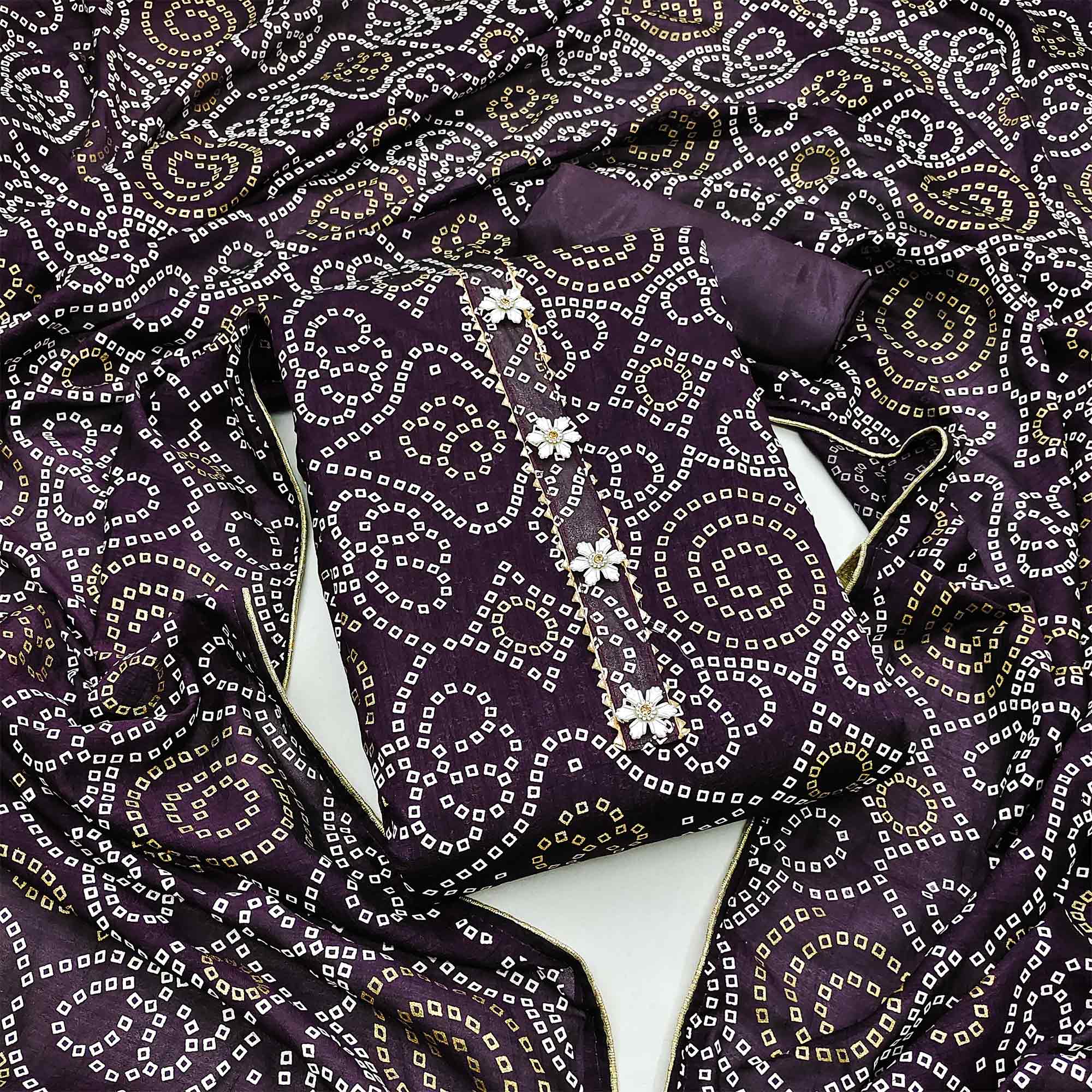 Purple Bandhani Printed Vichitra Silk Dress Material