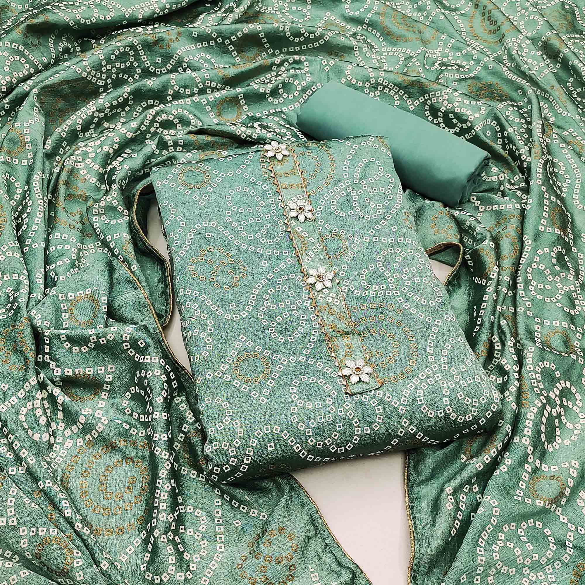 Sea Green Bandhani Printed Vichitra Silk Dress Material