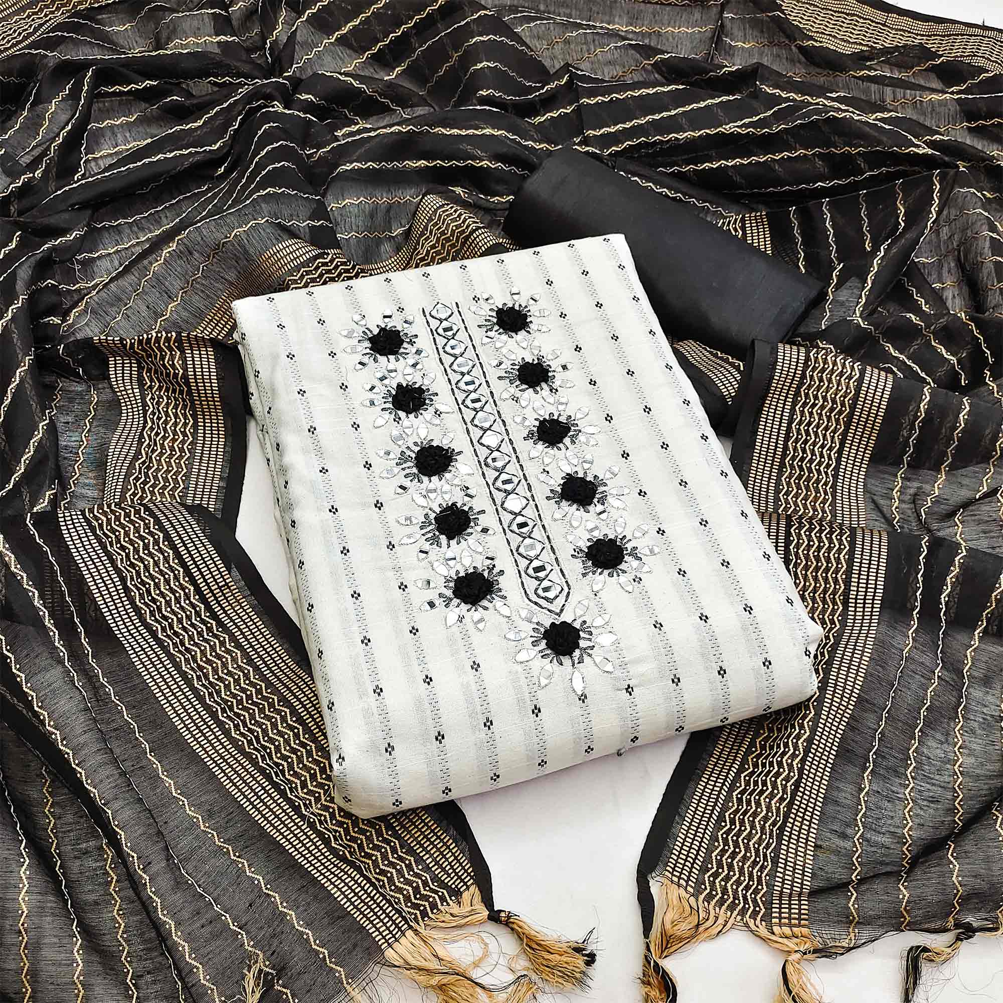 White & Black Floral Woven Pure Cotton Dress Material