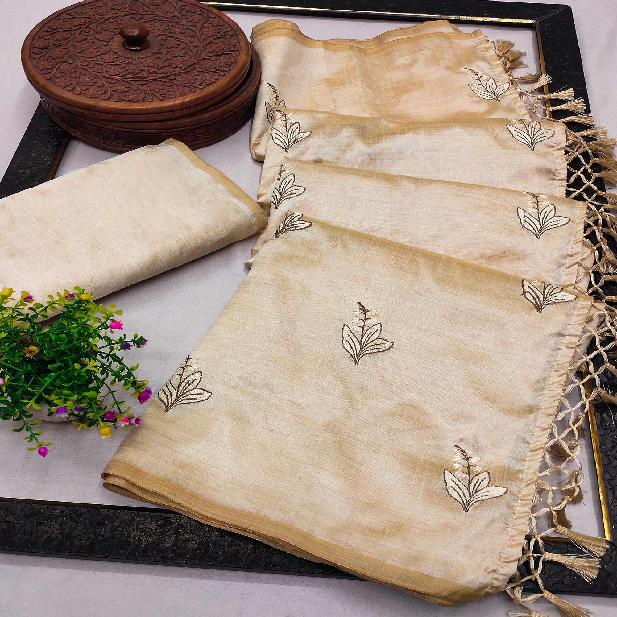 Beige Floral Embroidered Assam Silk Saree With Tassels