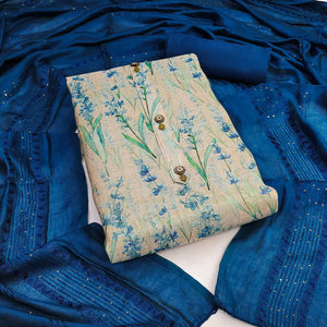 Beige Floral Printed Cotton Silk Dress Material