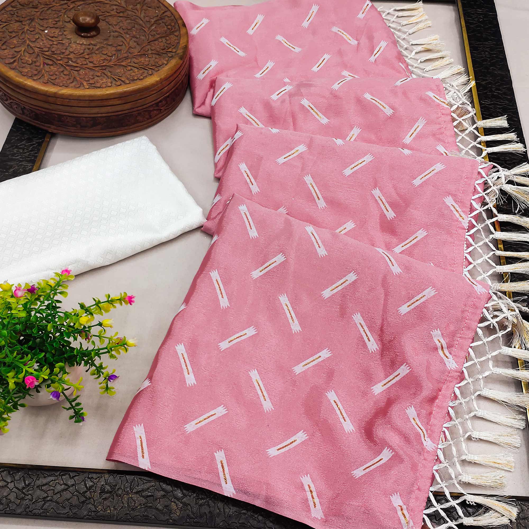 Pink Printed Chiffon Saree With Tassels