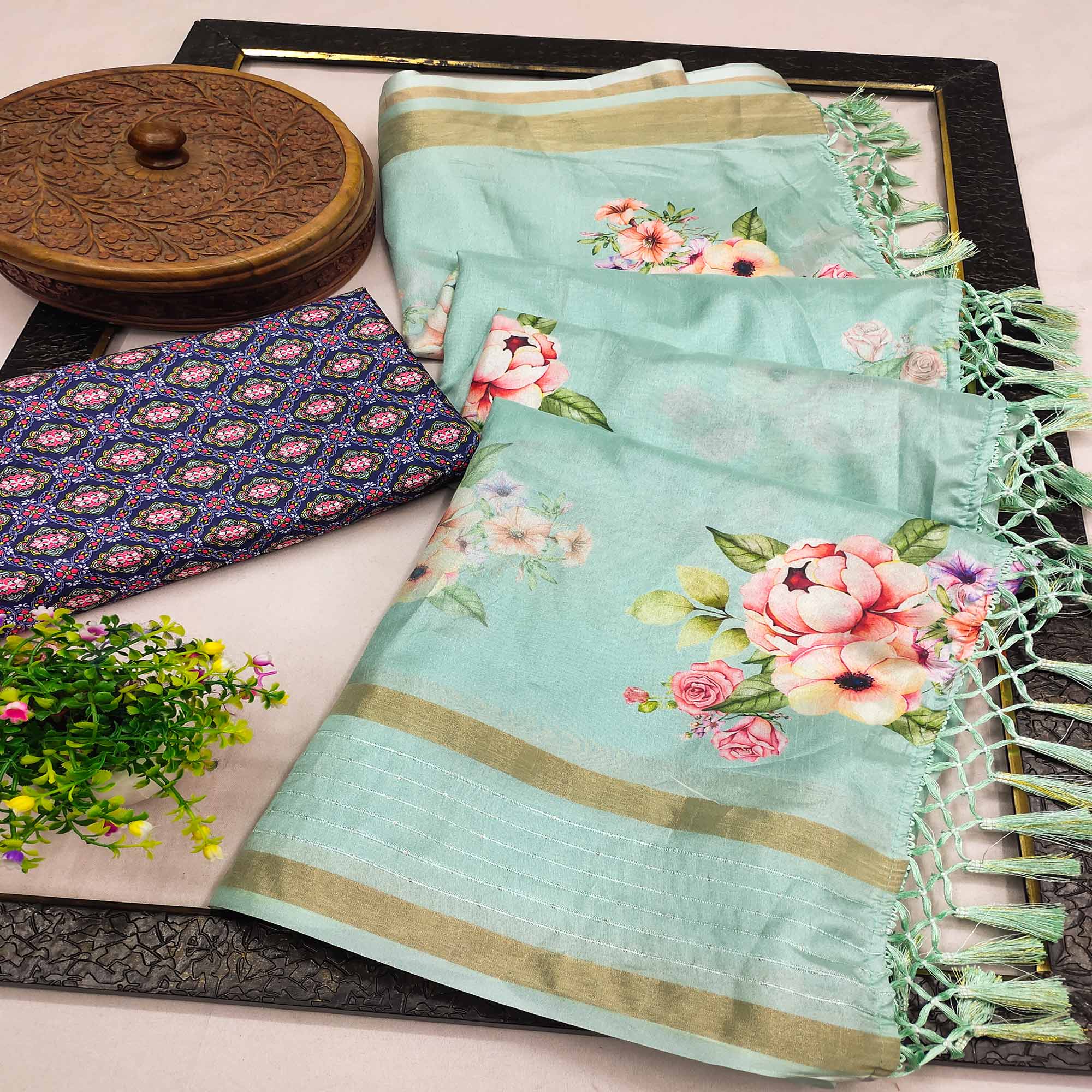 Sea Green Floral Printed Art Silk Saree With Tassels
