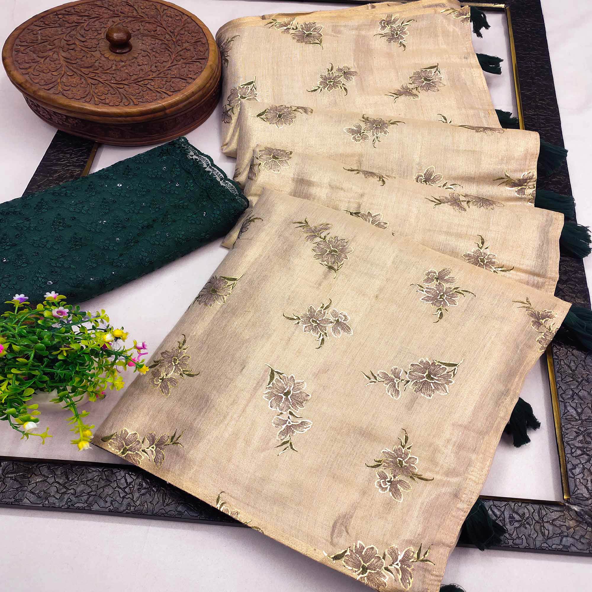 Beige Floral Foil Art Silk Printed Saree With Tassels