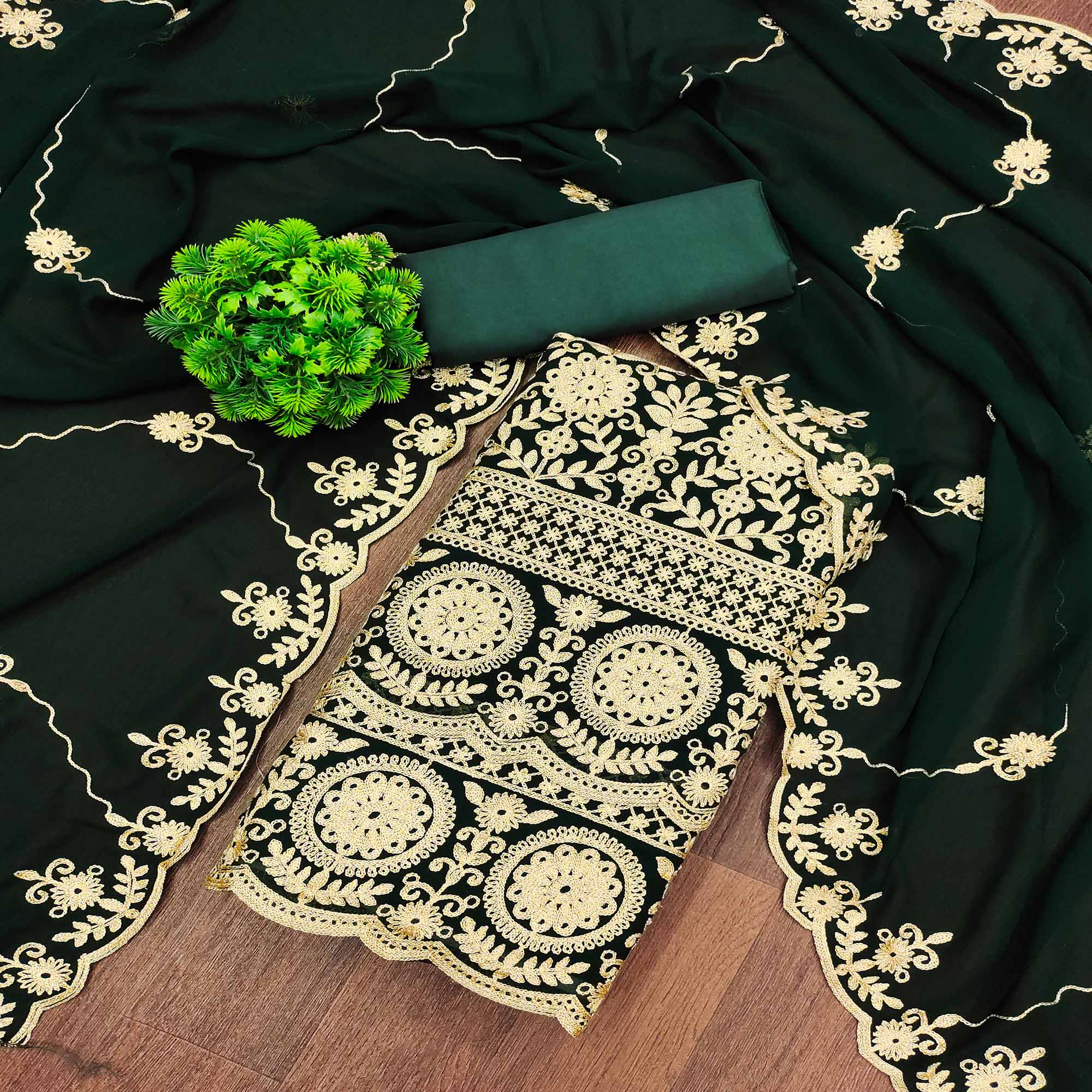 Green Floral Embroidered Georgette Dress Material