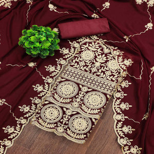 Maroon Floral Embroidered Georgette Dress Material