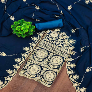 Teal Floral Embroidered Georgette Dress Material