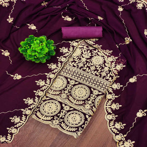 Wine Floral Embroidered Georgette Dress Material