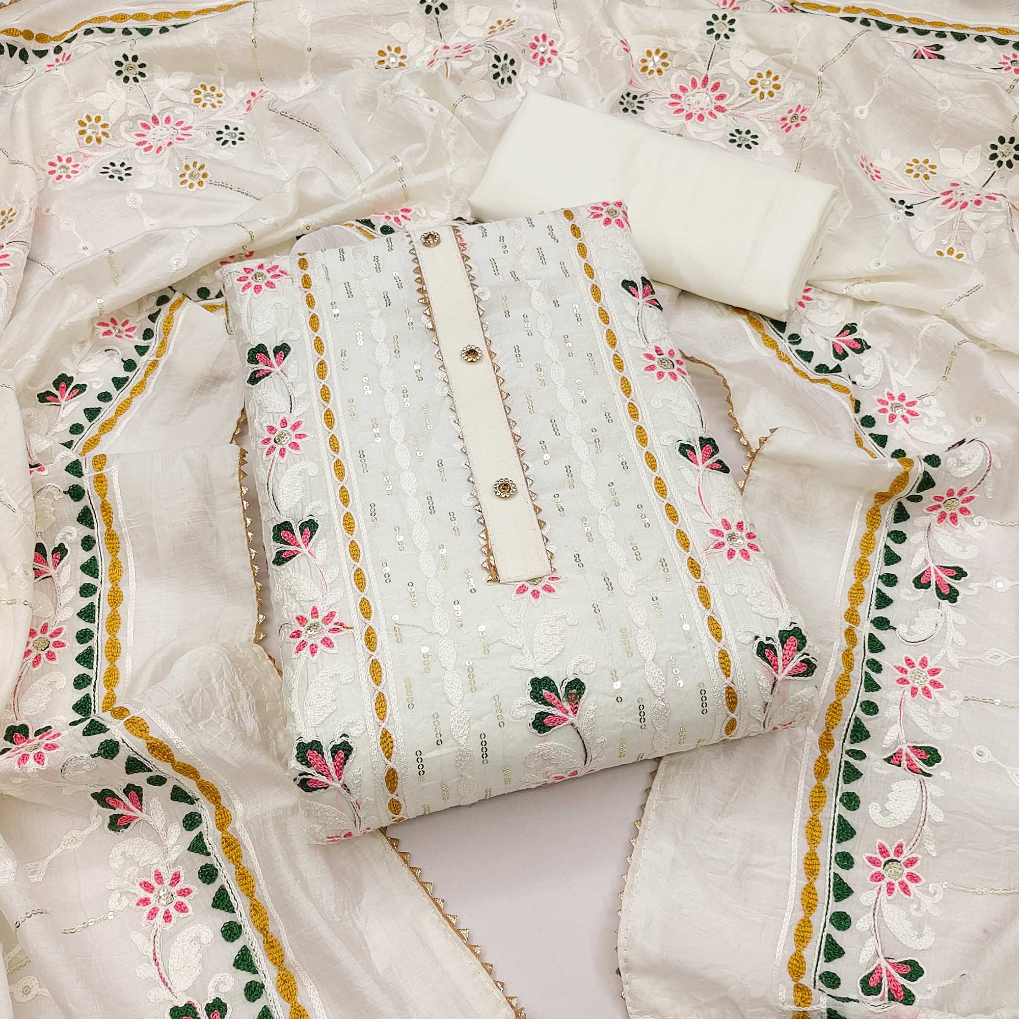 White Floral Embroidered Chanderi Dress Material