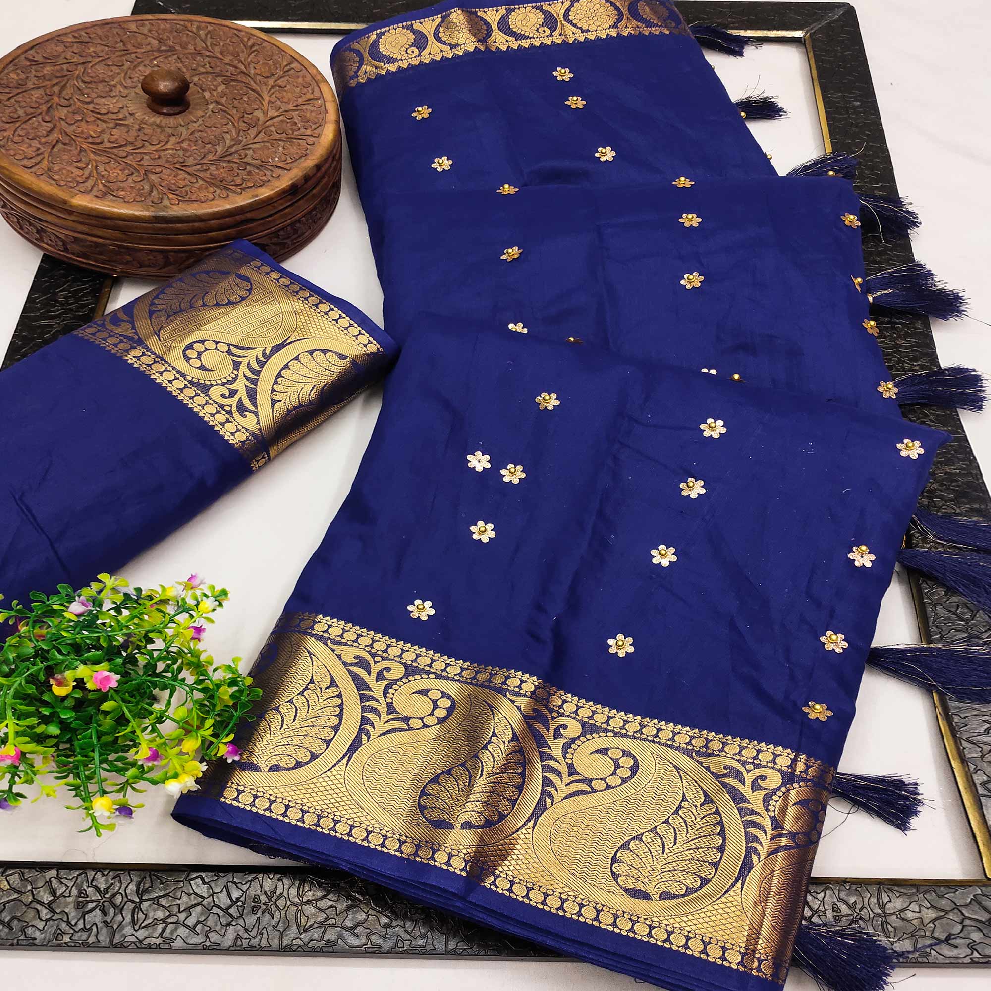 Blue Woven Chanderi Saree With Tassels