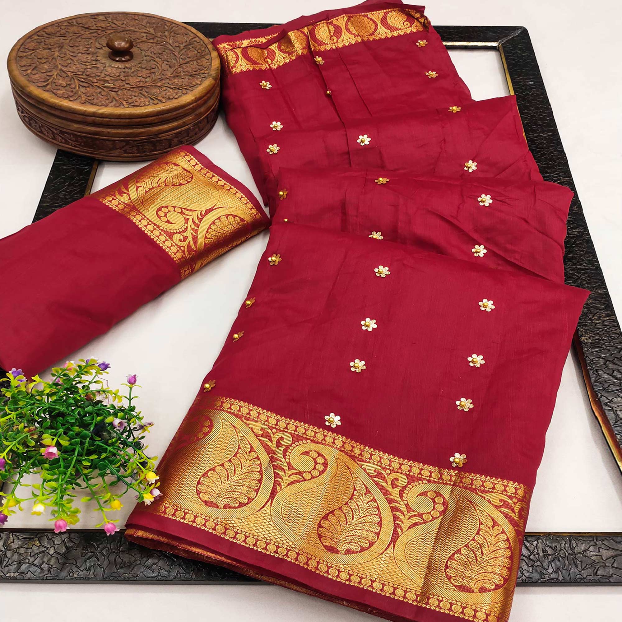 Maroon Woven Chanderi Saree With Tassels