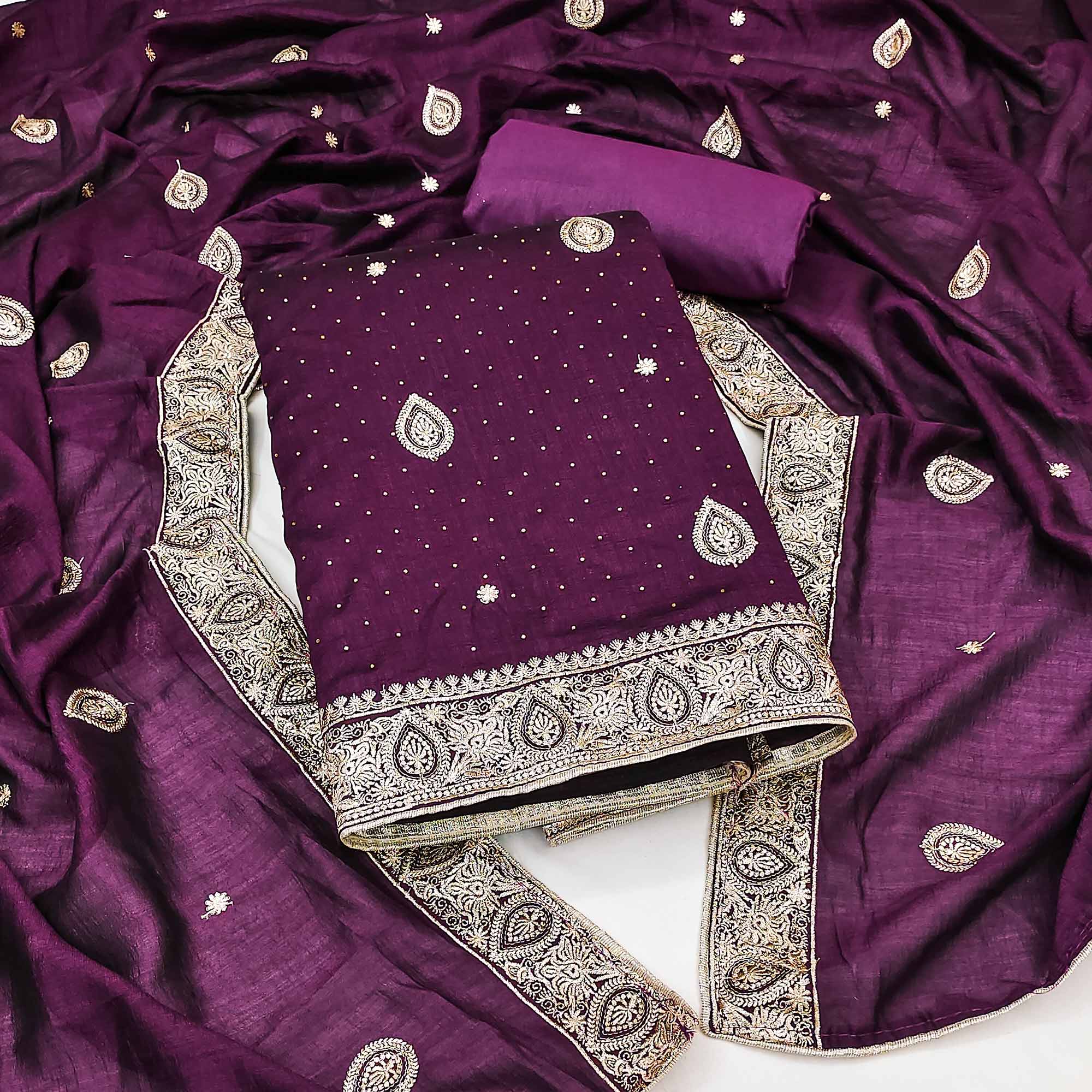 Wine Embroidered Vichitra Silk Dress Material