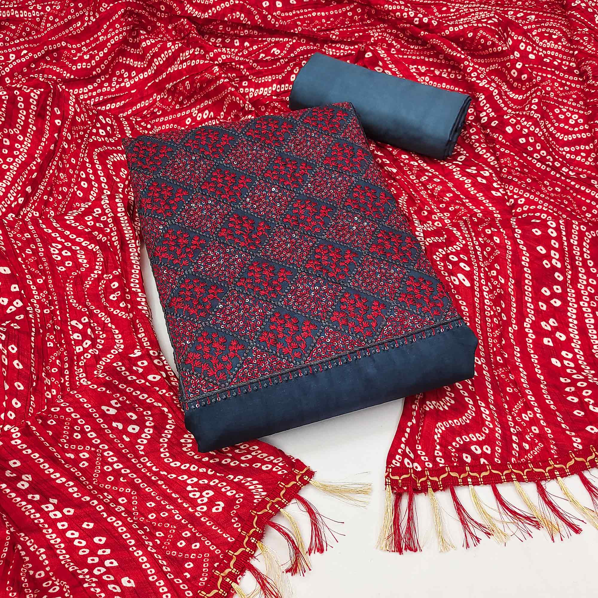 Grey Embroidered Chinon Dress Material
