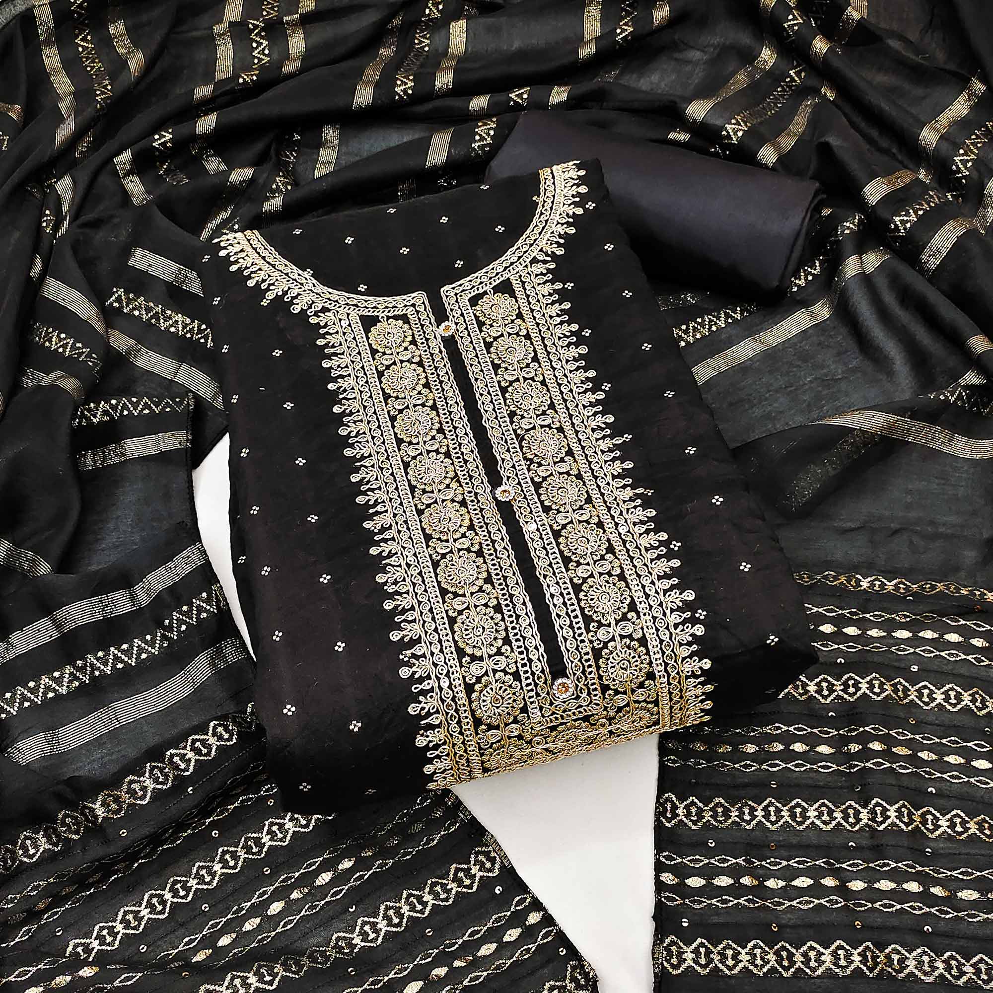 Black Butti With Embroidered Chanderi Silk Dress Material