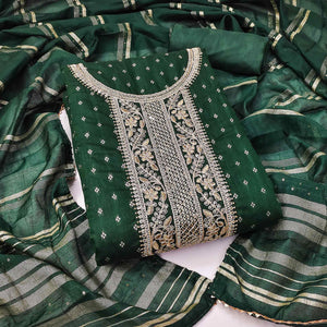 Green Butti With Embroidered Chanderi Silk Dress Material