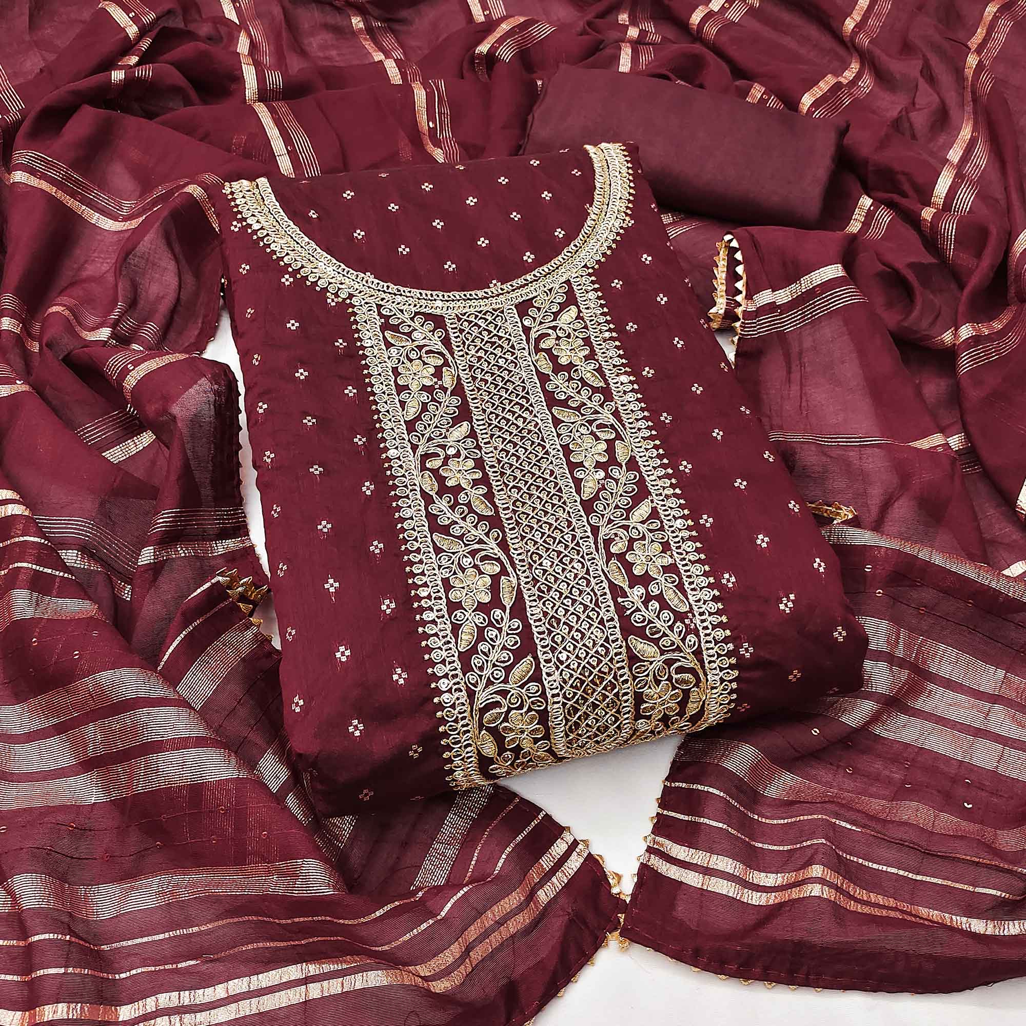 Maroon Butti With Embroidered Chanderi Silk Dress Material