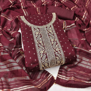 Maroon Butti With Embroidered Chanderi Silk Dress Material