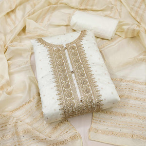 Off White Butti With Embroidered Chanderi Silk Dress Material