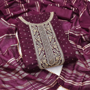 Purple Butti With Embroidered Chanderi Silk Dress Material